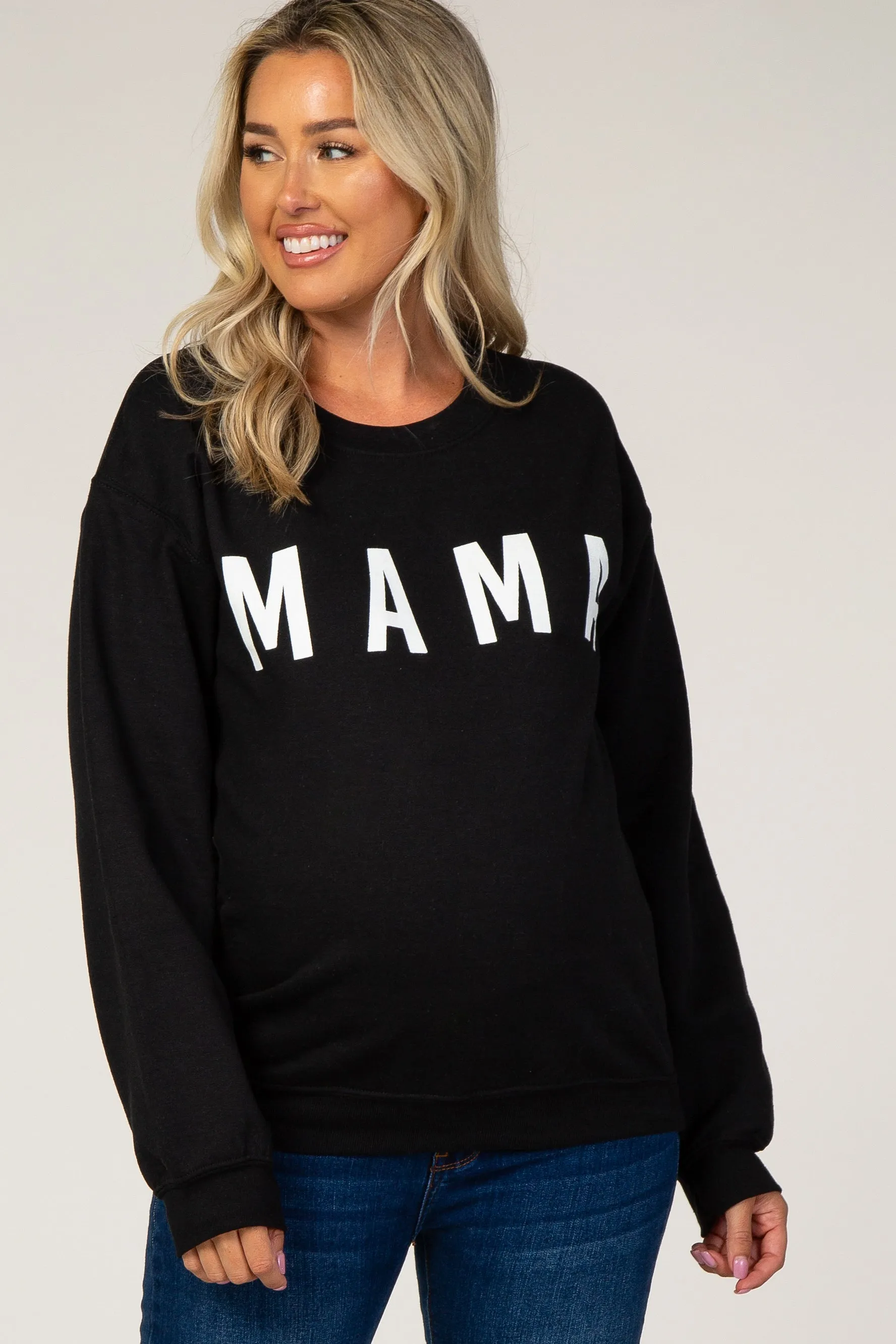 Black Screen Print Mama Maternity Pullover Sweatshirt sold by Pinkblush