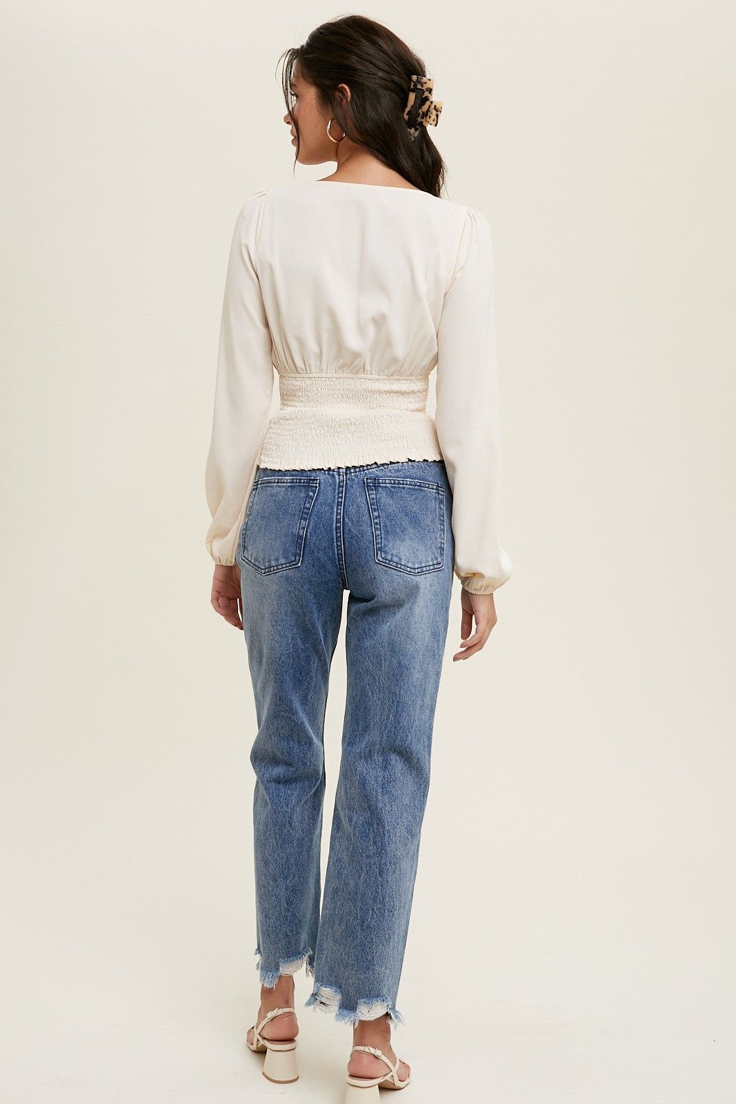 Cream Smocked Waist Blouse With Front Tie Detail sold by Pinkblush product image thumbnail 4