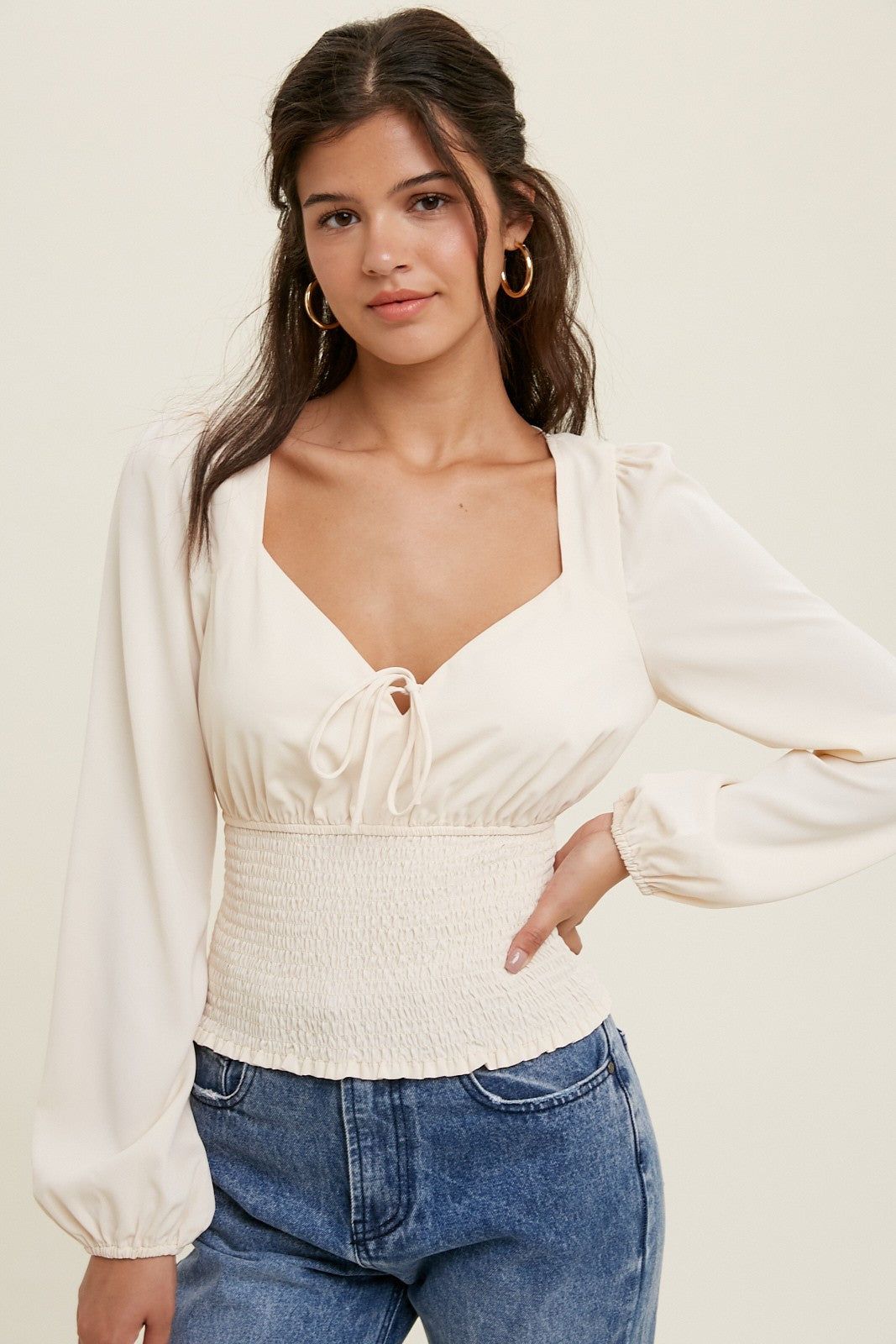 Cream Smocked Waist Blouse With Front Tie Detail sold by Pinkblush