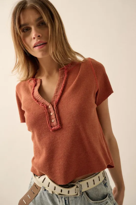 Rust Solid V Neck Button Front Waffle Knit Shirt sold by Pinkblush