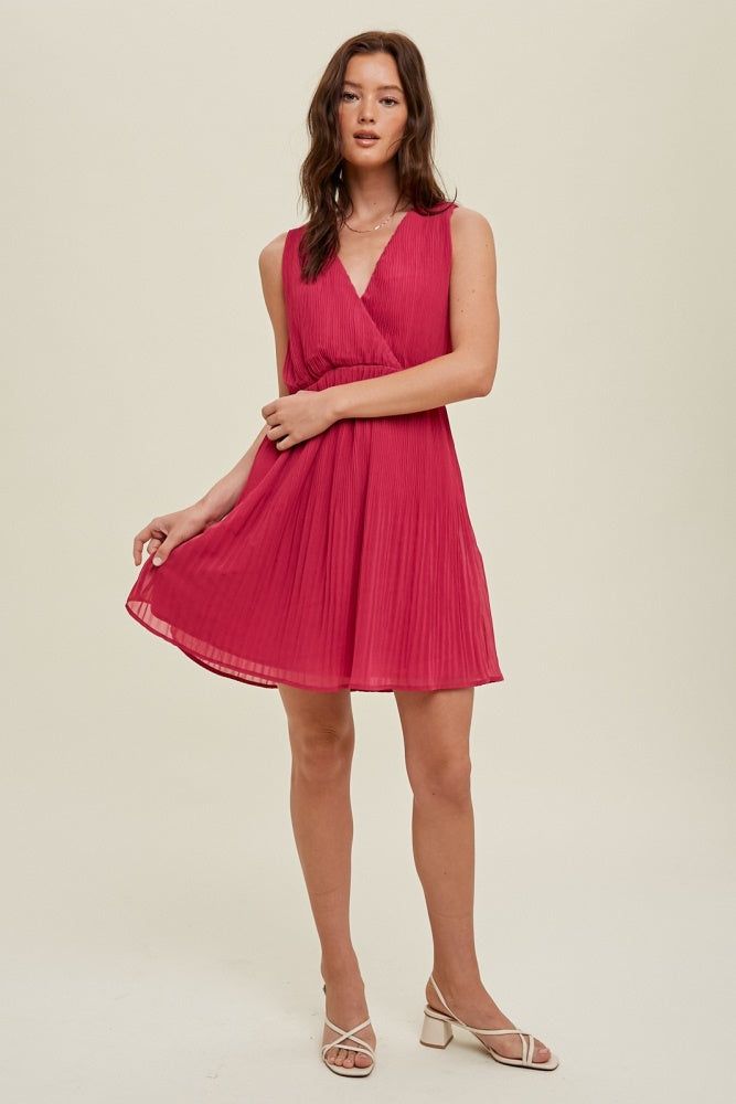 Magenta Pleated Mini Dress With Self Back Tie Detail sold by Pinkblush