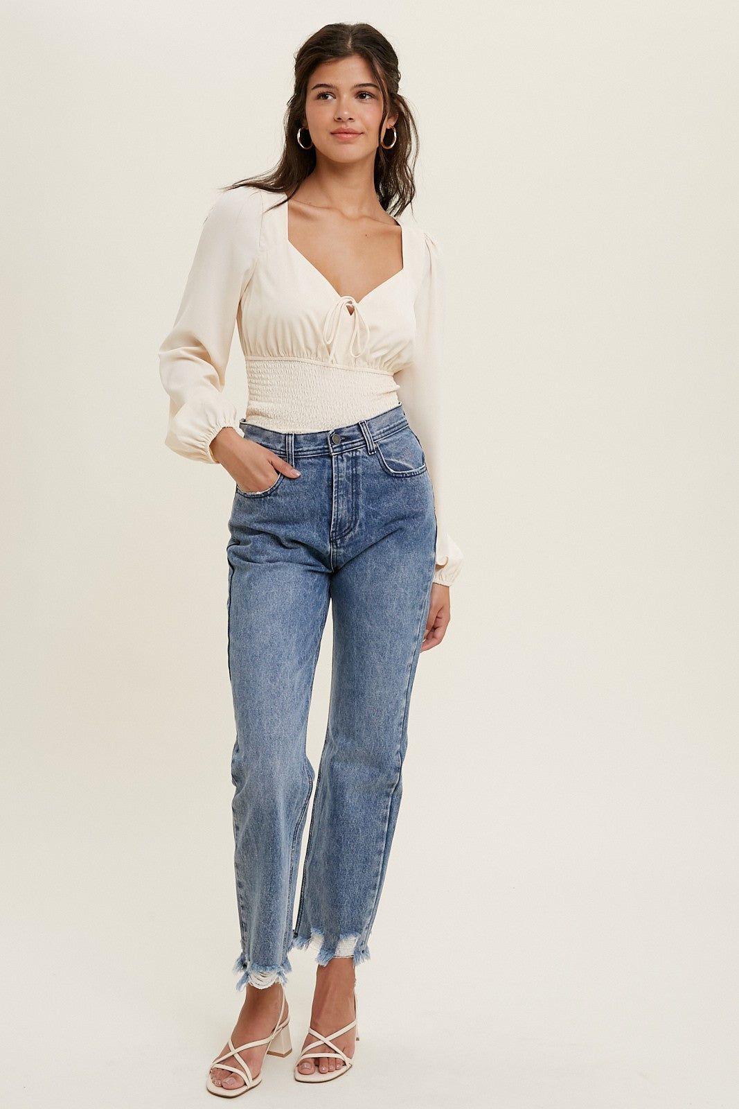 Cream Smocked Waist Blouse With Front Tie Detail sold by Pinkblush product image thumbnail 2