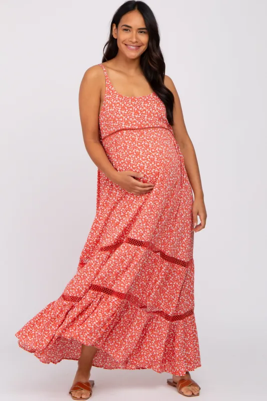 Coral Ditsy Floral Crochet Accent Maternity Maxi Dress sold by Pinkblush