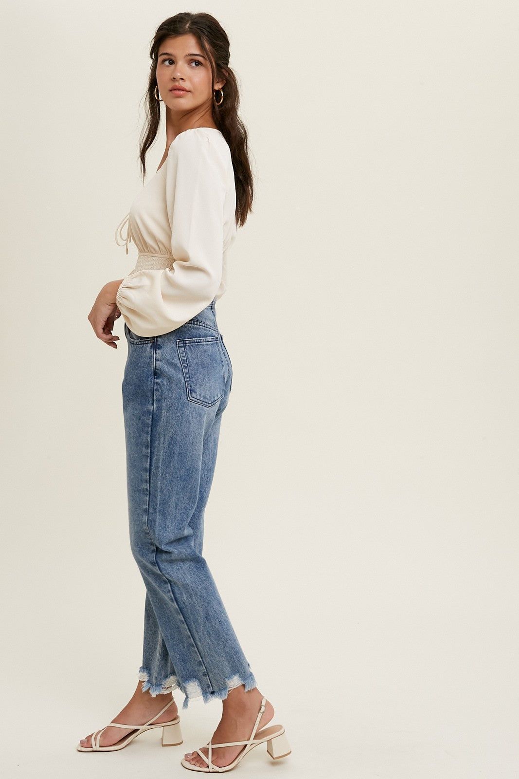 Cream Smocked Waist Blouse With Front Tie Detail sold by Pinkblush product image thumbnail 3