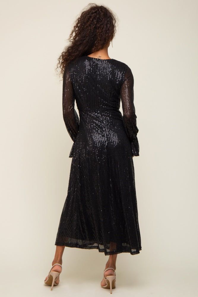 Black Sequin Long Sleeve Wrap Maxi Dress sold by Pinkblush product image thumbnail 3