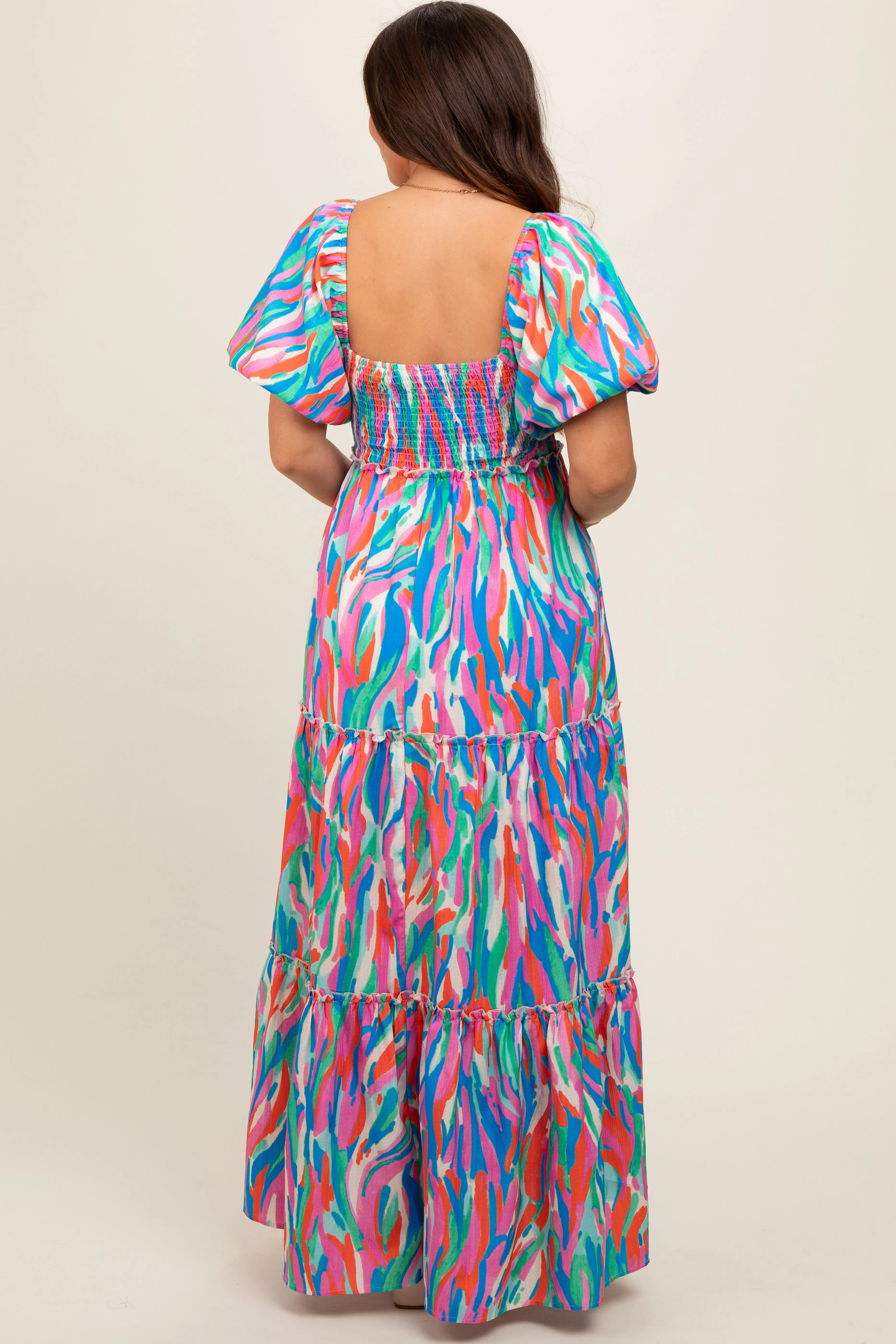 Blue Multi Color Print Puff Sleeve Maternity Maxi Dress sold by Pinkblush product image thumbnail 5