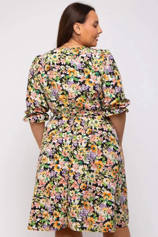 Black Floral 3/4 Sleeve Wrap Plus Dress sold by Pinkblush product image thumbnail 4