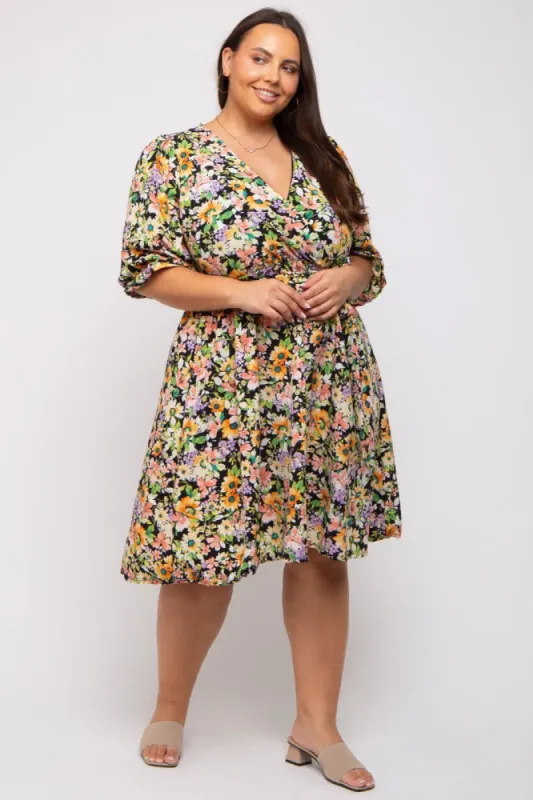 Black Floral 3/4 Sleeve Wrap Plus Dress sold by Pinkblush