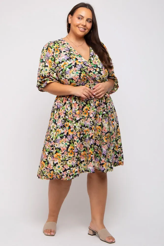 Black Floral 3/4 Sleeve Wrap Plus Dress sold by Pinkblush