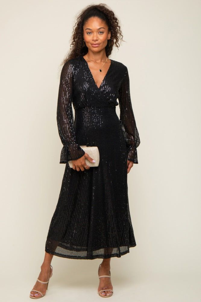 Black Sequin Long Sleeve Wrap Maxi Dress sold by Pinkblush