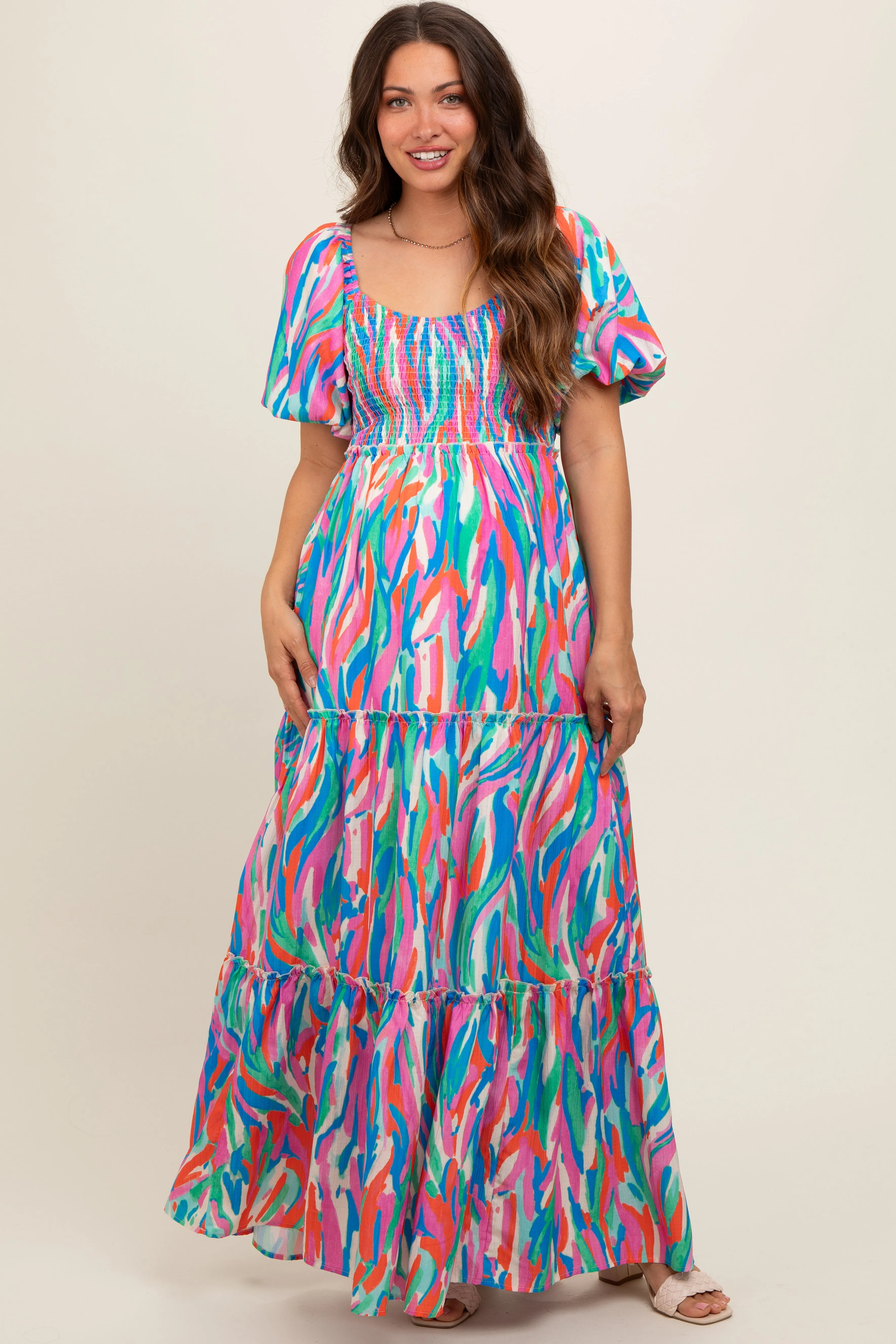 Blue Multi Color Print Puff Sleeve Maternity Maxi Dress sold by Pinkblush product image thumbnail 3