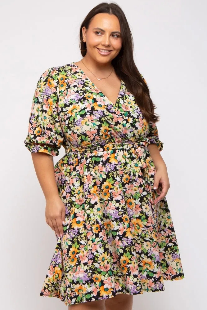 Black Floral 3/4 Sleeve Wrap Plus Dress sold by Pinkblush product image thumbnail 2
