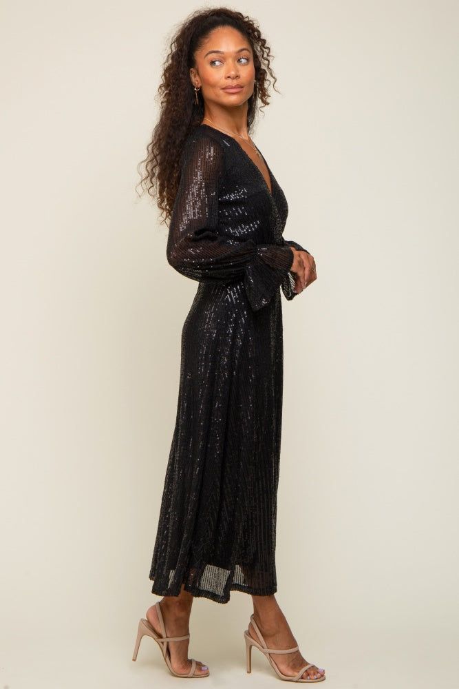 Black Sequin Long Sleeve Wrap Maxi Dress sold by Pinkblush product image thumbnail 2