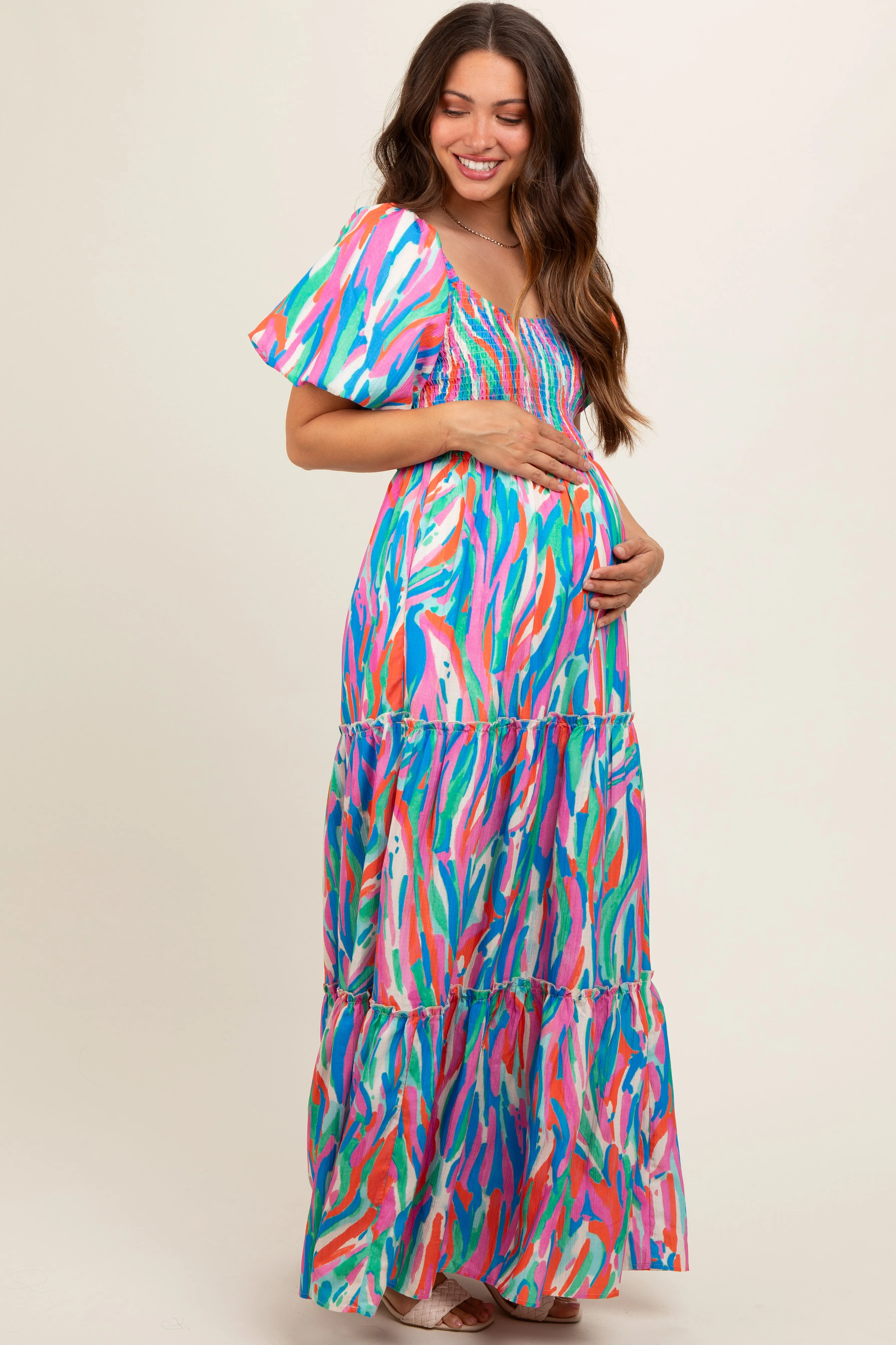 Blue Multi Color Print Puff Sleeve Maternity Maxi Dress sold by Pinkblush product image thumbnail 4