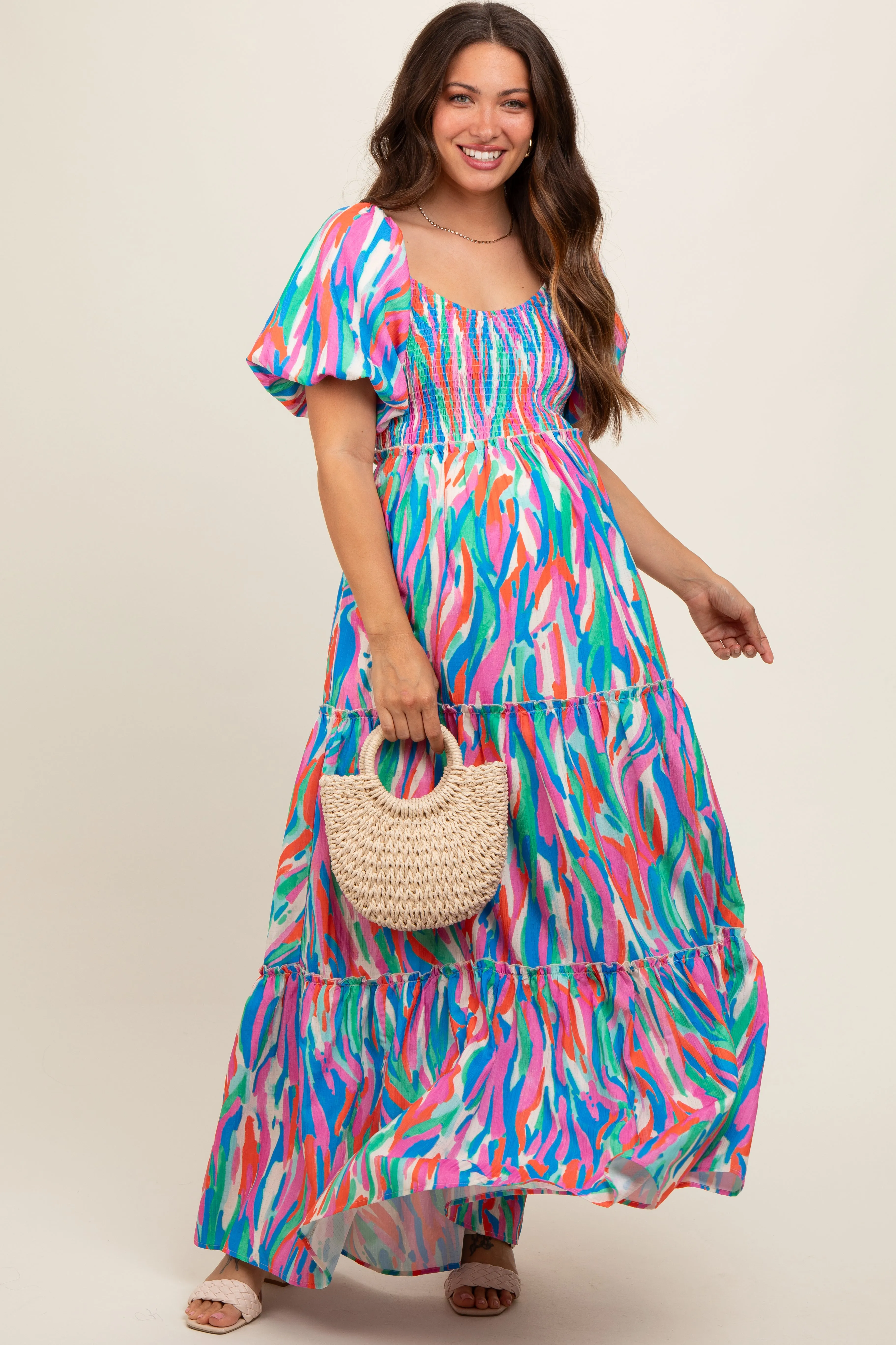 Blue Multi Color Print Puff Sleeve Maternity Maxi Dress sold by Pinkblush