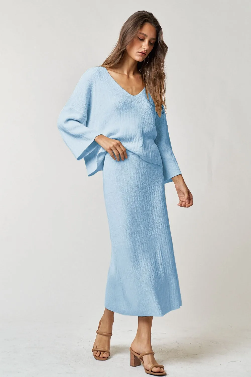 Light Blue V-Neck Knit Skirt Set sold by Pinkblush