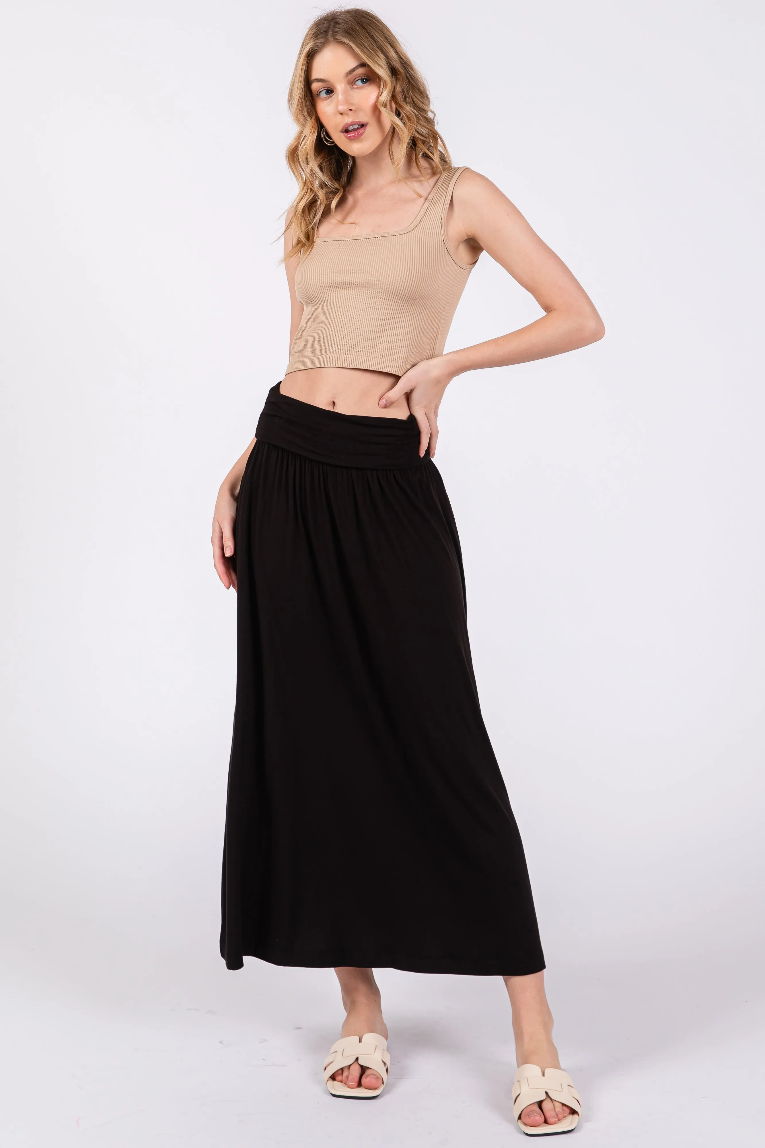 Black Fold-Over Maxi Skirt sold by Pinkblush