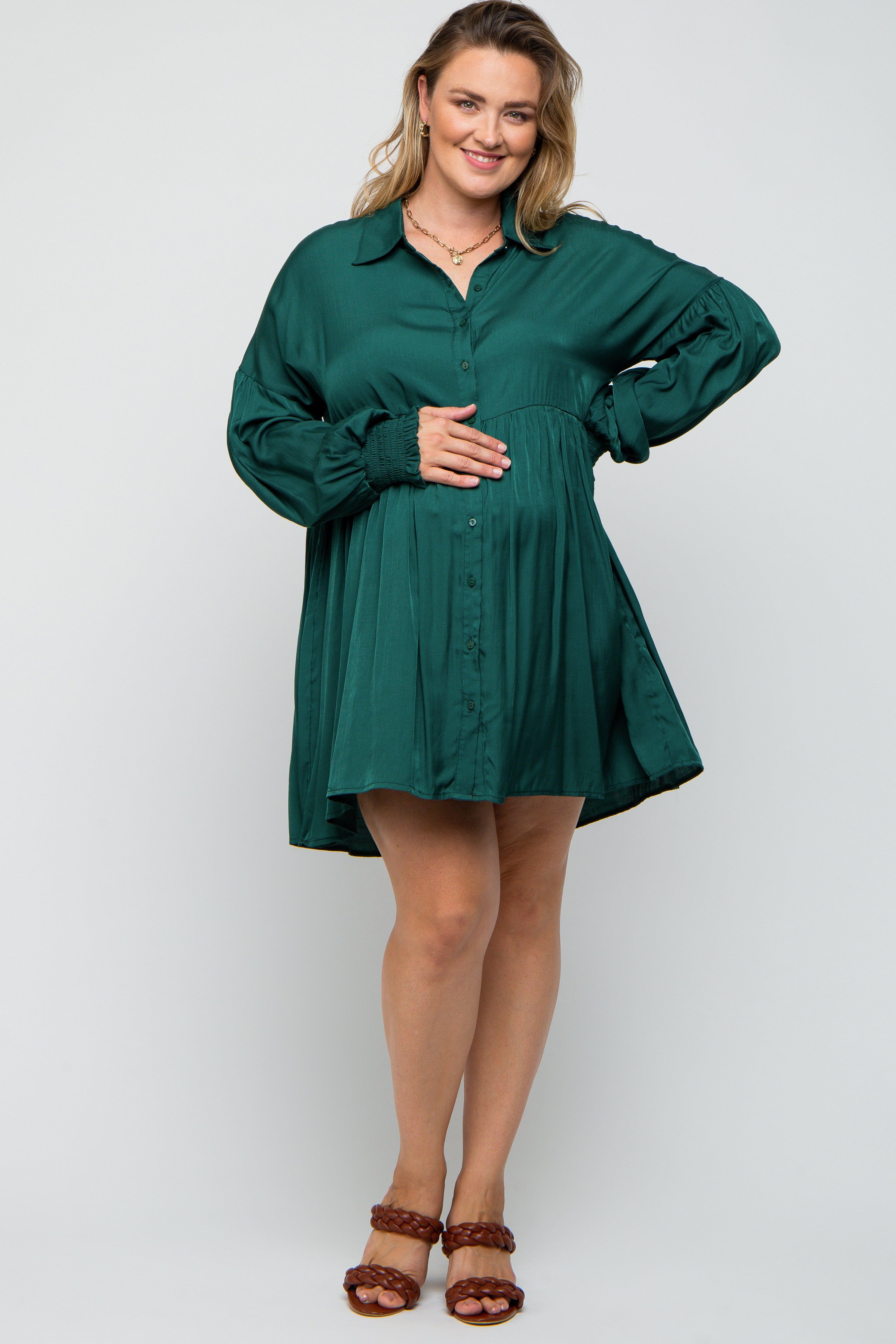 Forest Green Button Down Maternity Plus Dress sold by Pinkblush