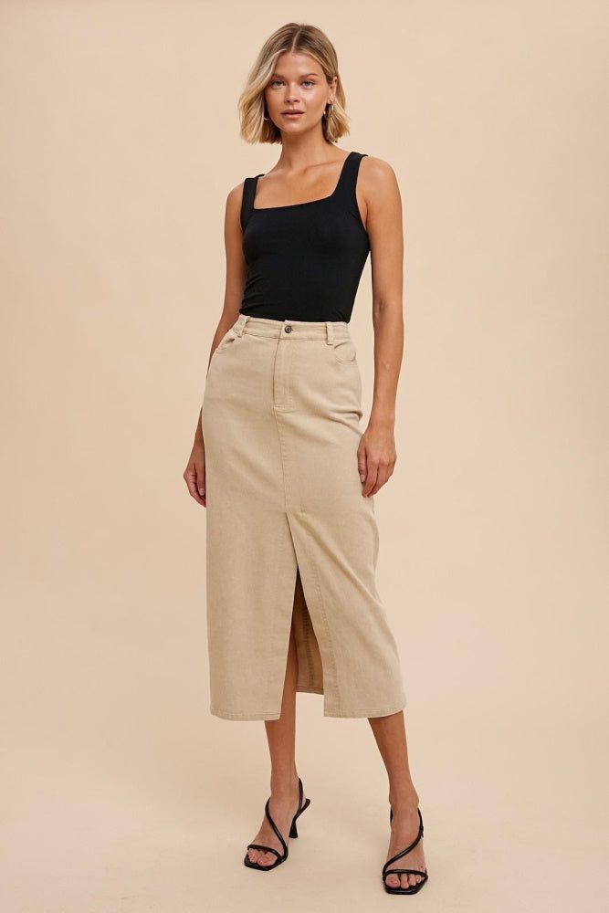 Sand Garment Washed Stretch Twill Pencil Skirt sold by Pinkblush