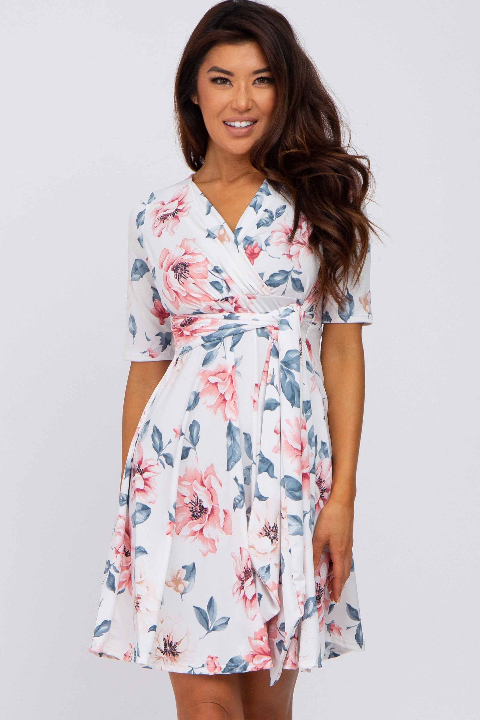 White Floral Nursing Wrap Dress sold by Pinkblush