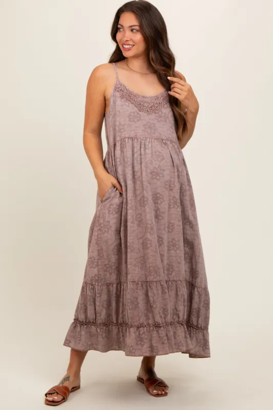 Mauve Embroidered Vintage Wash Maternity Midi Dress sold by Pinkblush