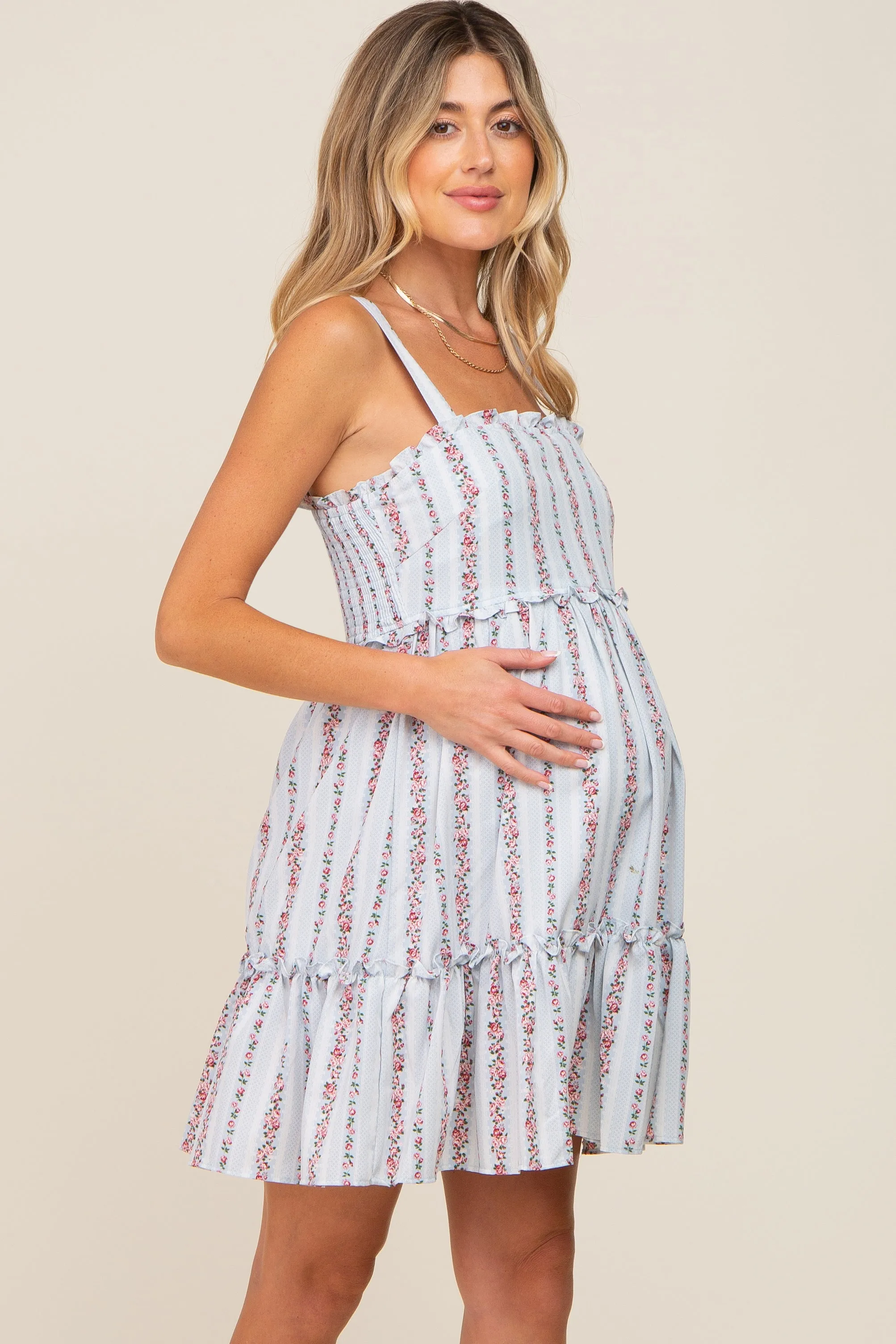 Light Blue Striped Floral Sleeveless Tiered Maternity Dress sold by Pinkblush product image thumbnail 2