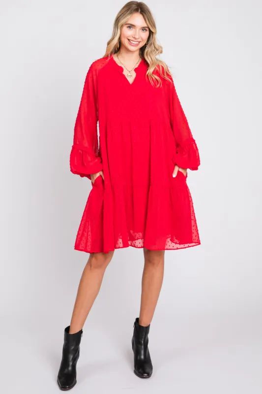 Red Swiss Dot Chiffon Tiered Dress sold by Pinkblush