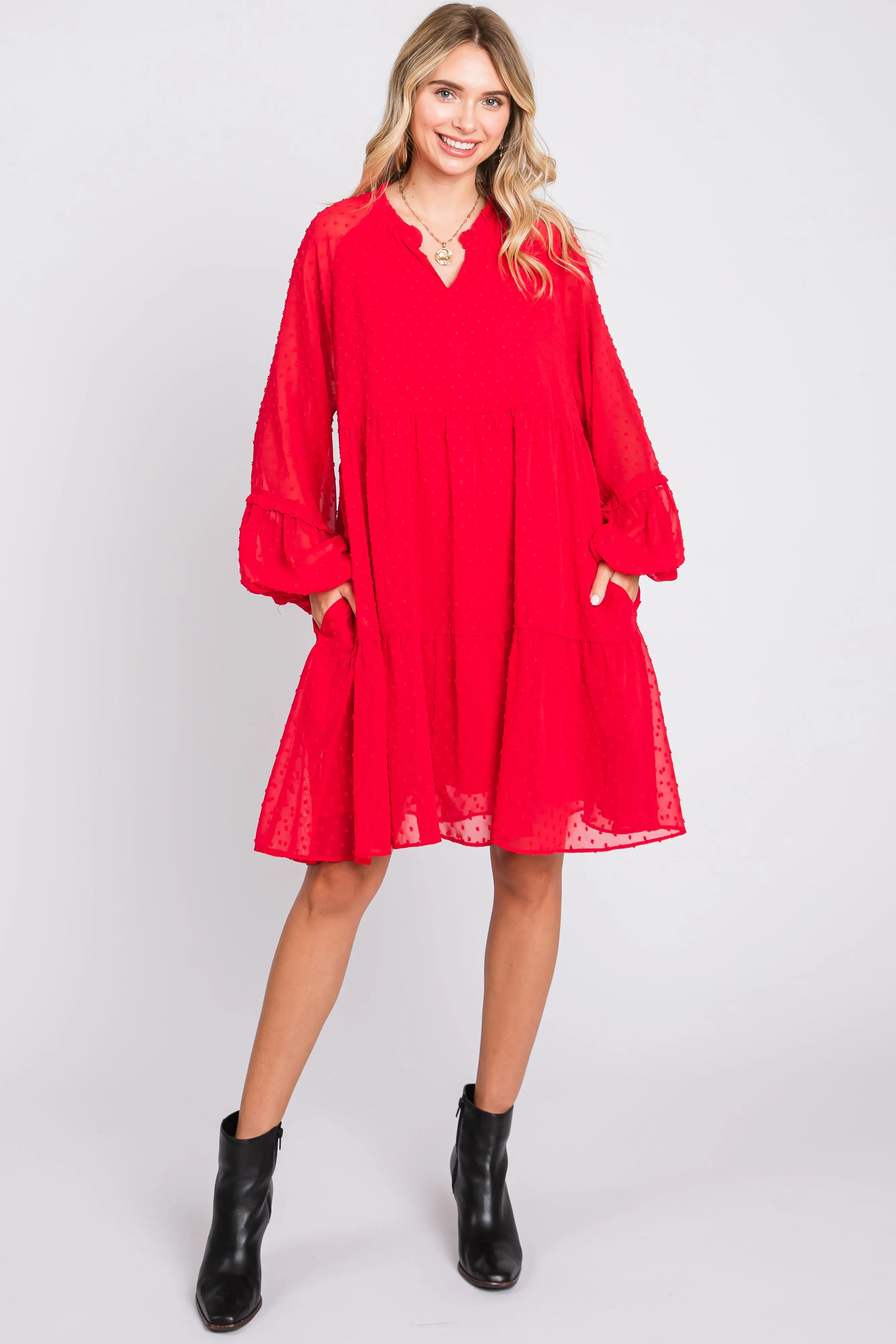 Red Swiss Dot Chiffon Tiered Dress sold by Pinkblush