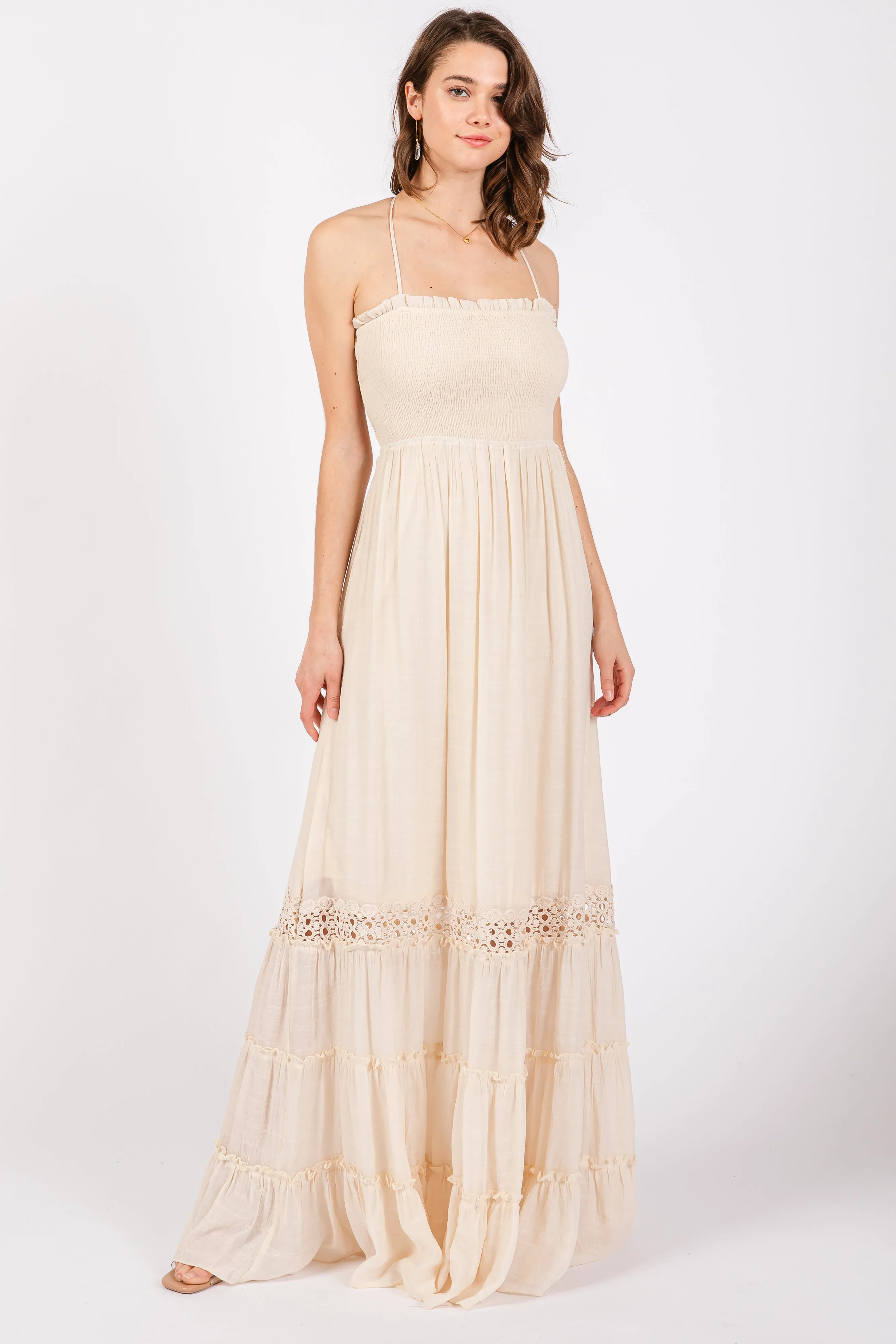 Cream Smocked Open Back Maternity Maxi Dress sold by Pinkblush product image thumbnail 4