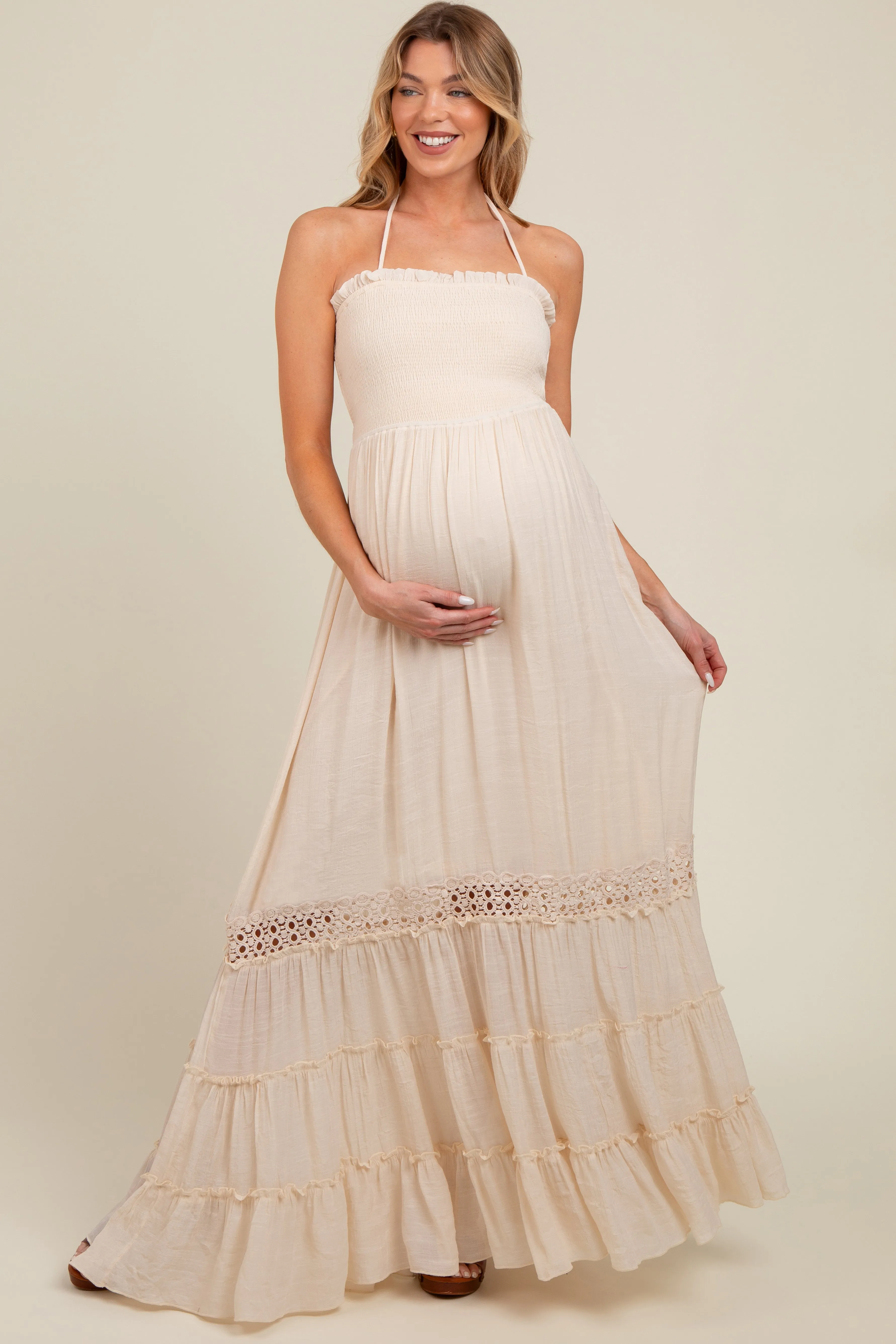 Cream Smocked Open Back Maternity Maxi Dress sold by Pinkblush