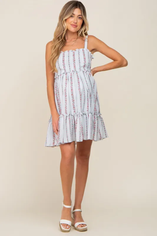 Light Blue Striped Floral Sleeveless Tiered Maternity Dress sold by Pinkblush