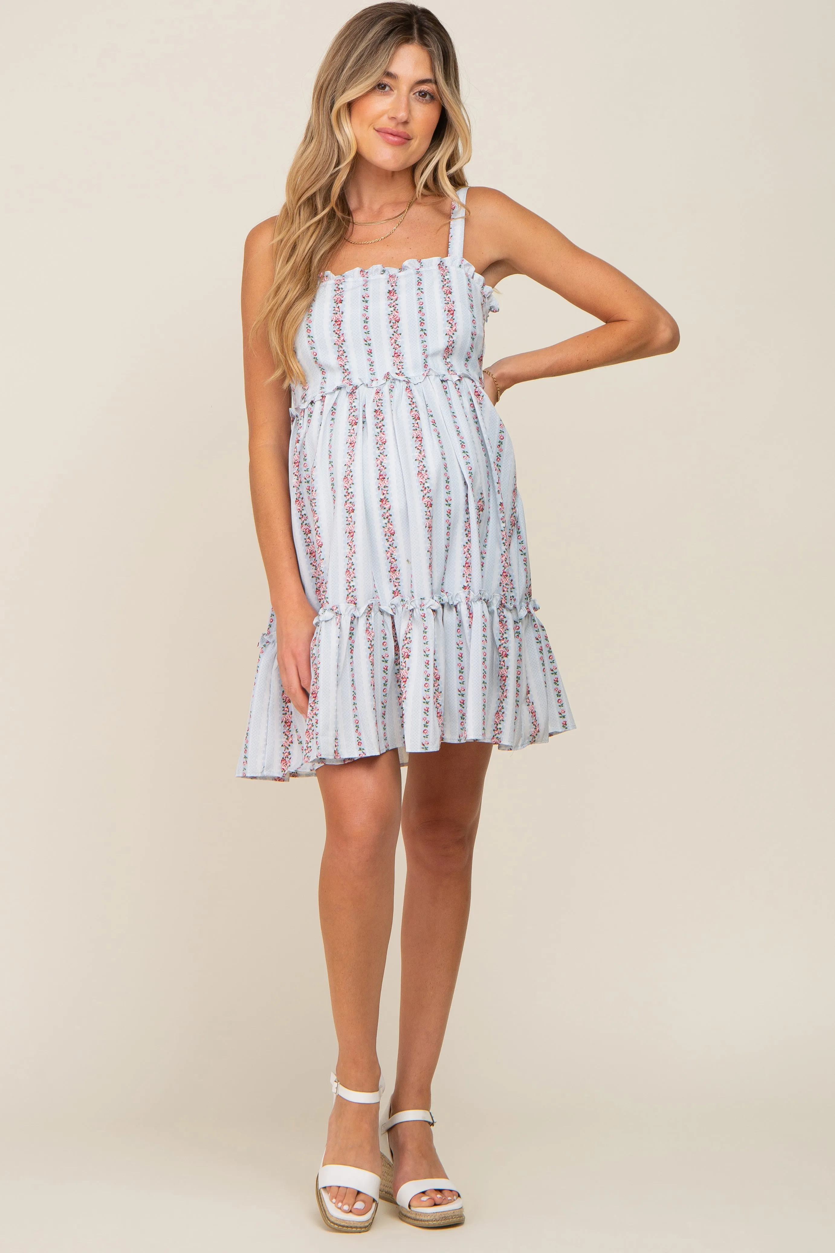 Light Blue Striped Floral Sleeveless Tiered Maternity Dress sold by Pinkblush