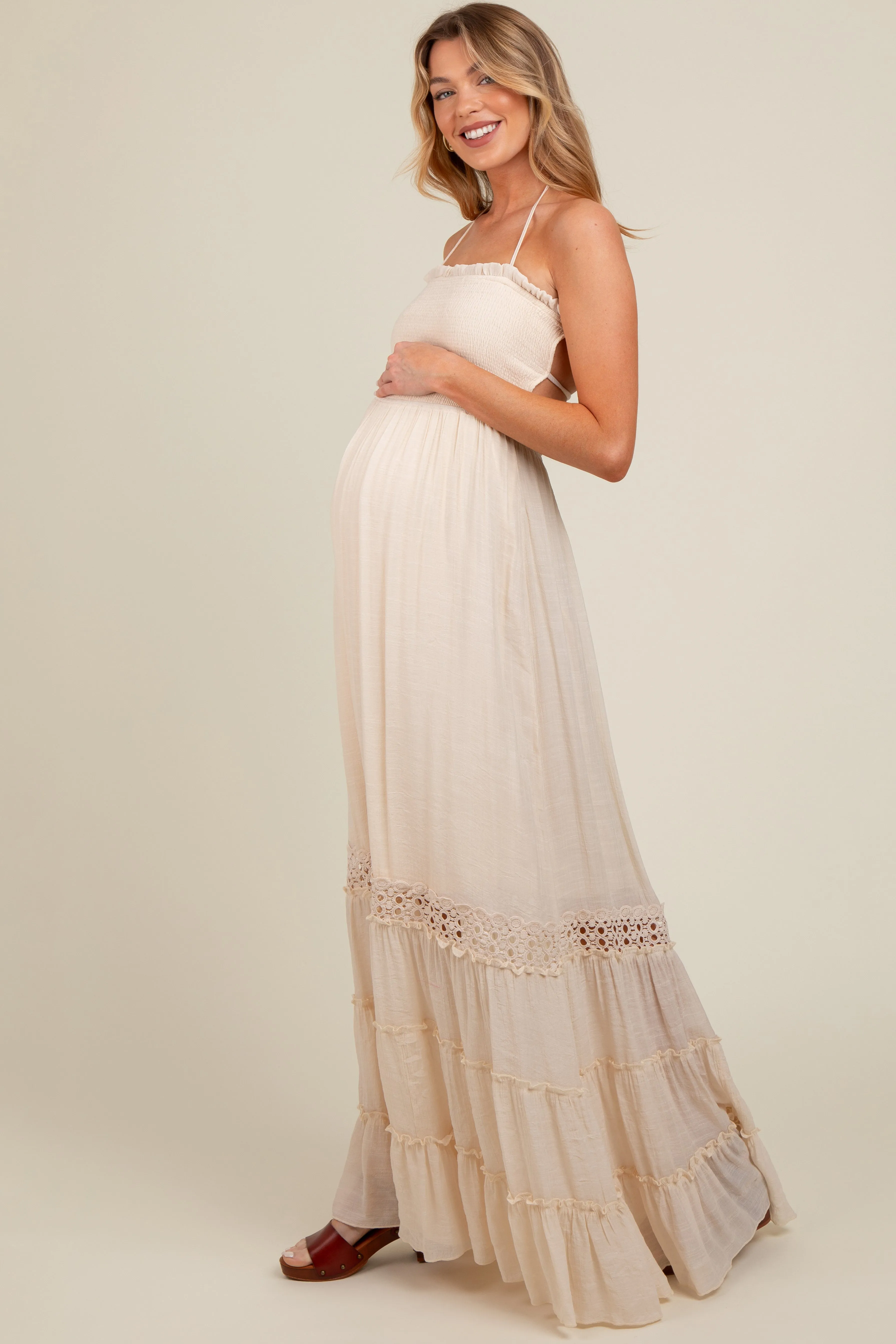 Cream Smocked Open Back Maternity Maxi Dress sold by Pinkblush product image thumbnail 2