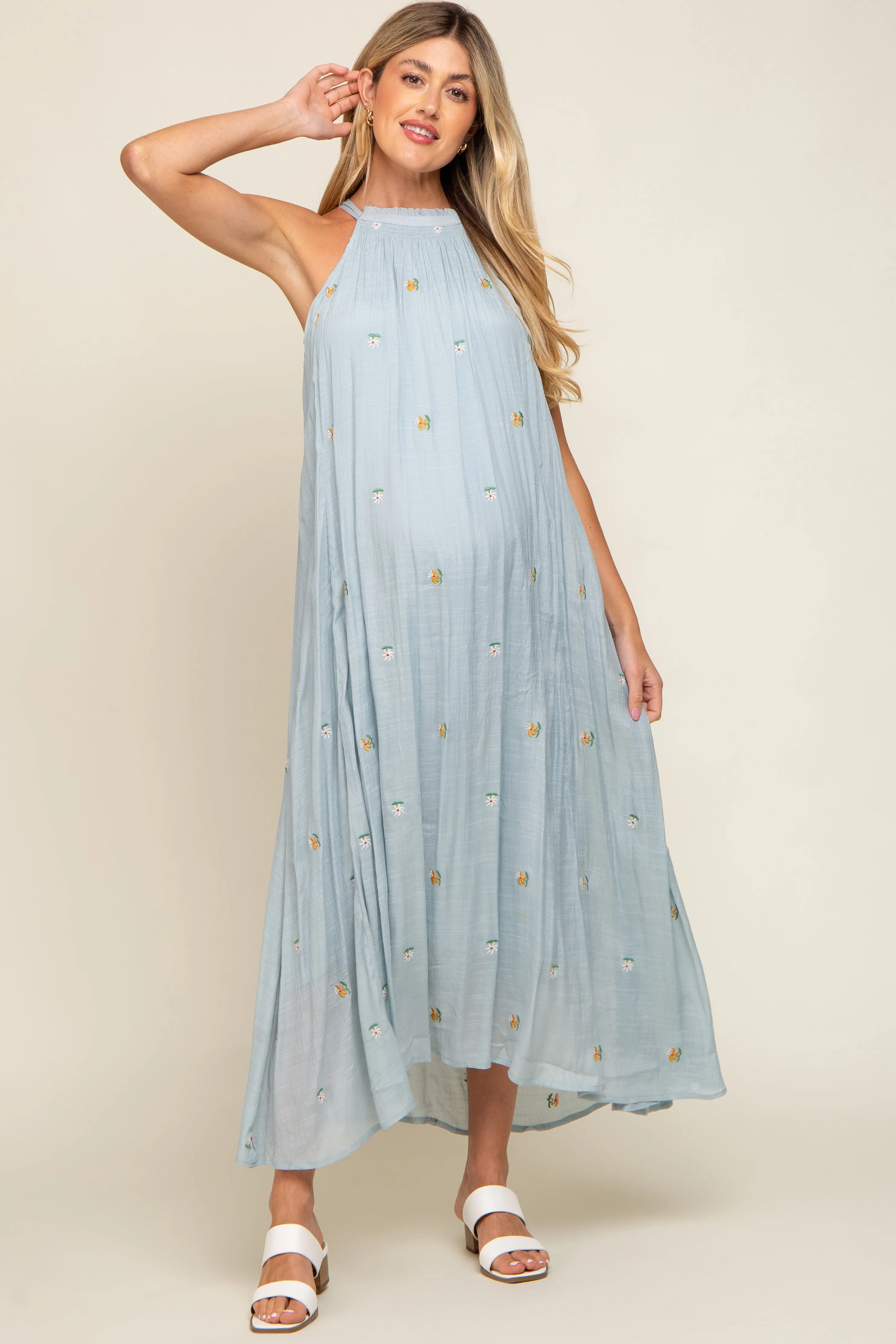 Light Blue Floral Embroidered Smocked Halter Maternity Midi Dress sold by Pinkblush