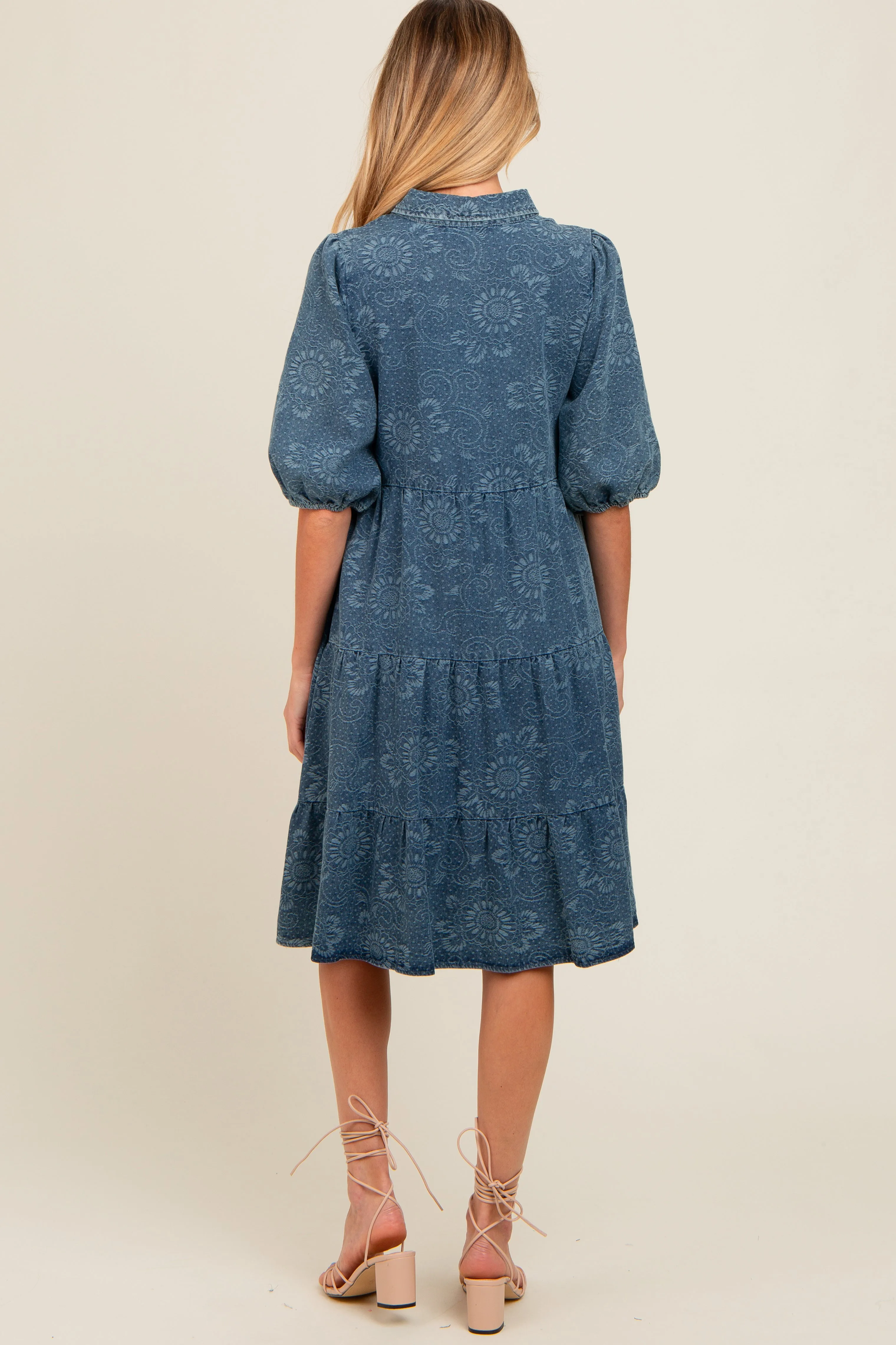 Blue Denim Button Front Short Puff Sleeve Maternity Dress sold by Pinkblush product image thumbnail 3