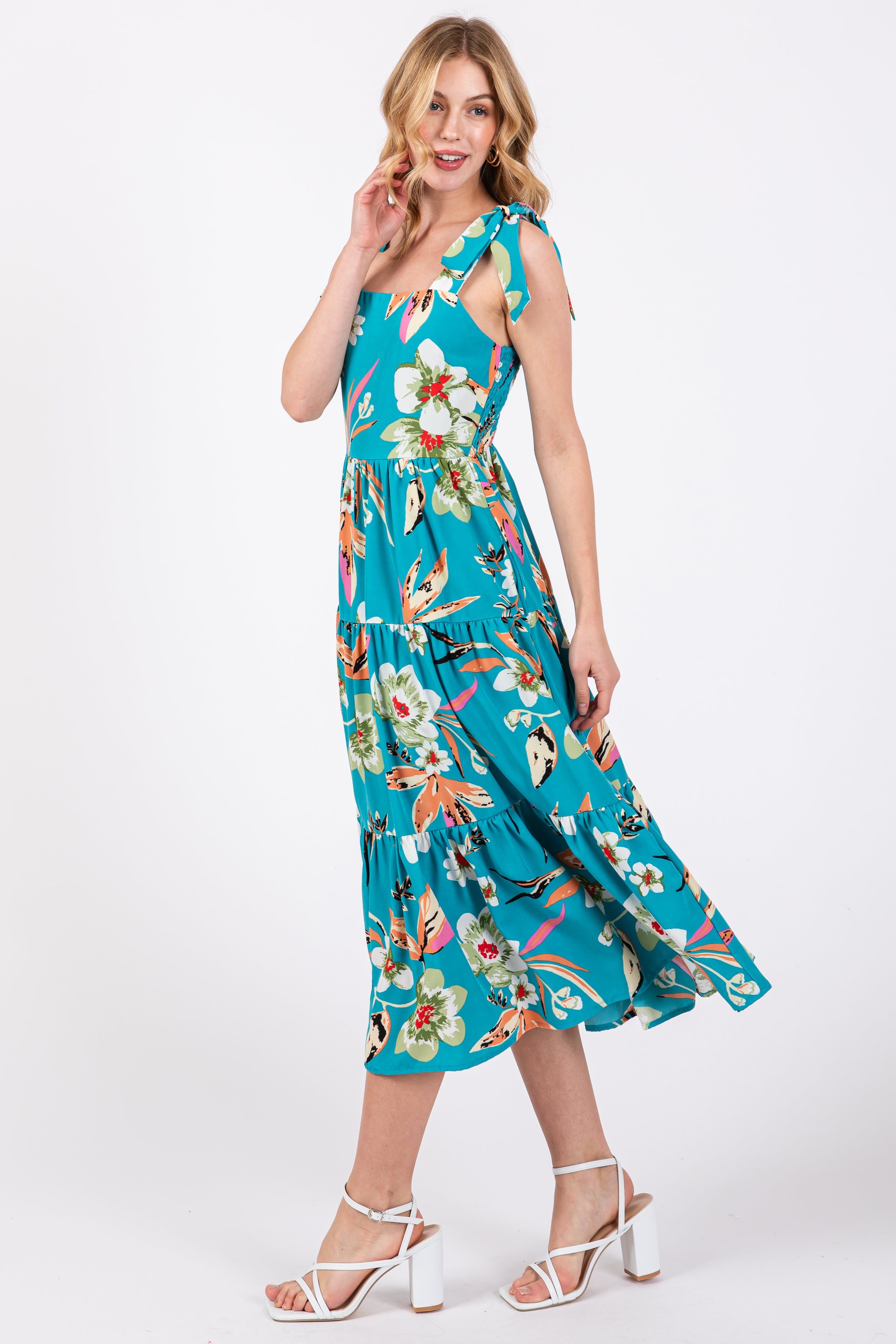 Turquoise Sleeveless Floral Tiered Midi Dress sold by Pinkblush product image thumbnail 3