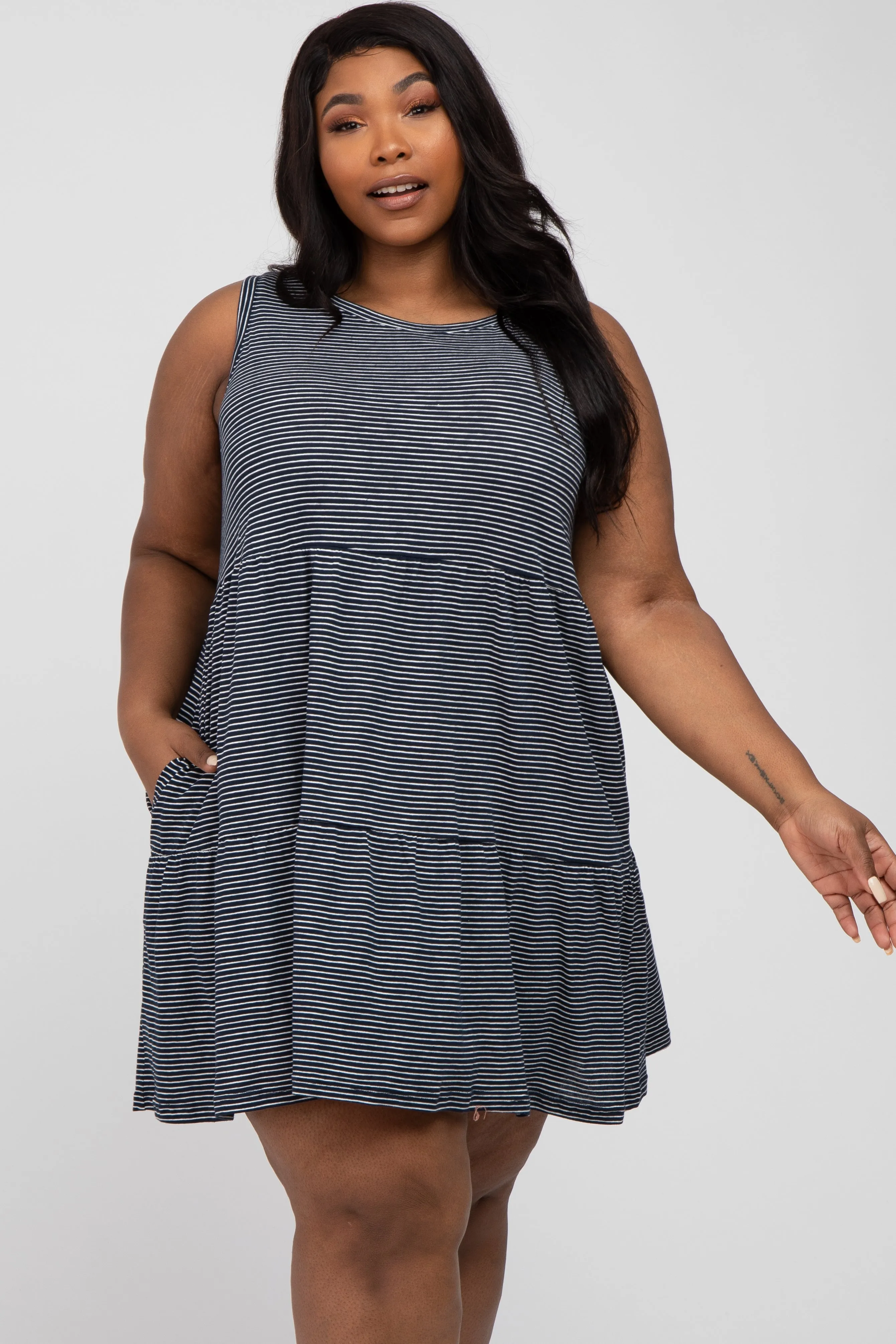 Navy Blue Striped Sleeveless Tiered Plus Dress sold by Pinkblush