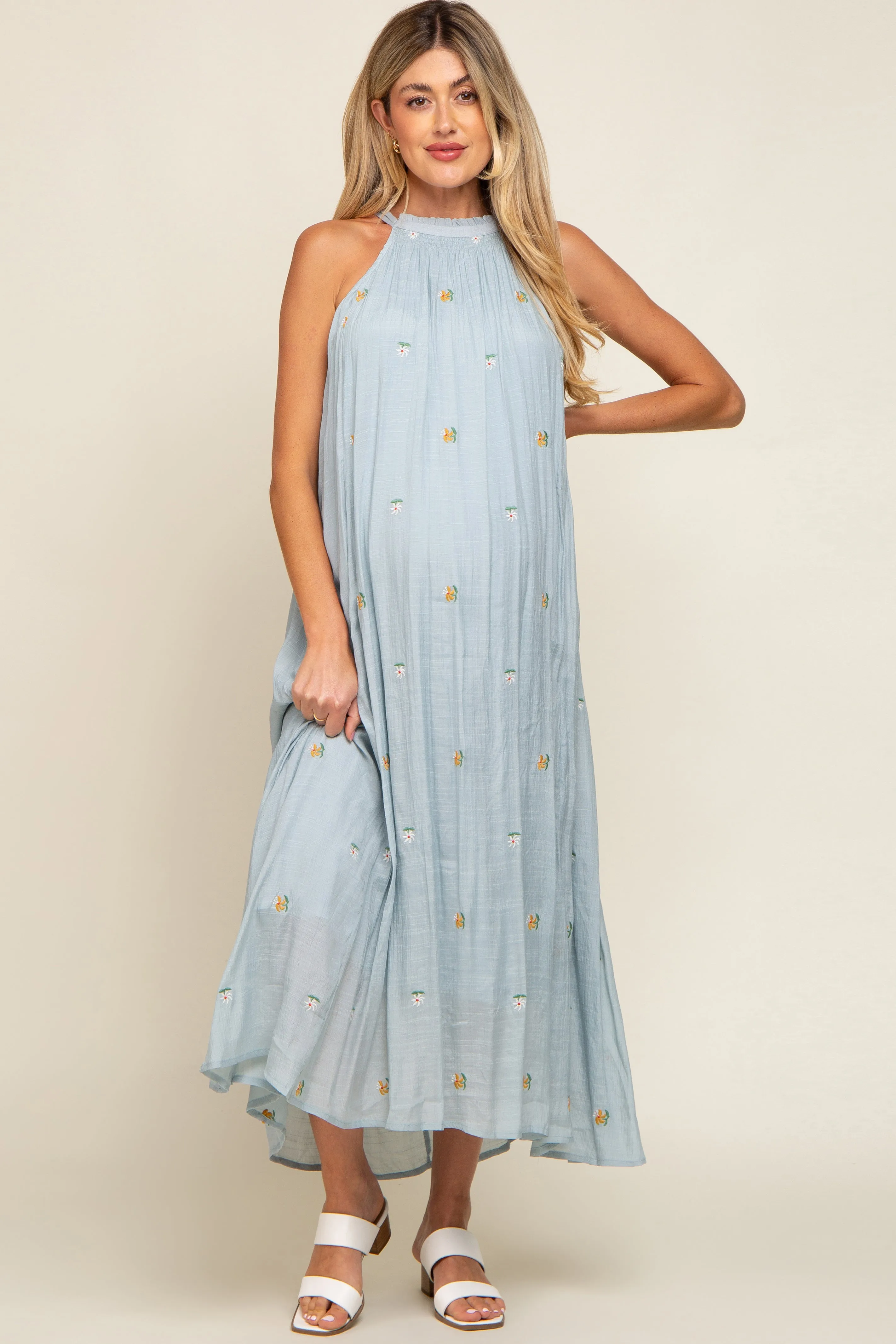 Light Blue Floral Embroidered Smocked Halter Maternity Midi Dress sold by Pinkblush product image thumbnail 2