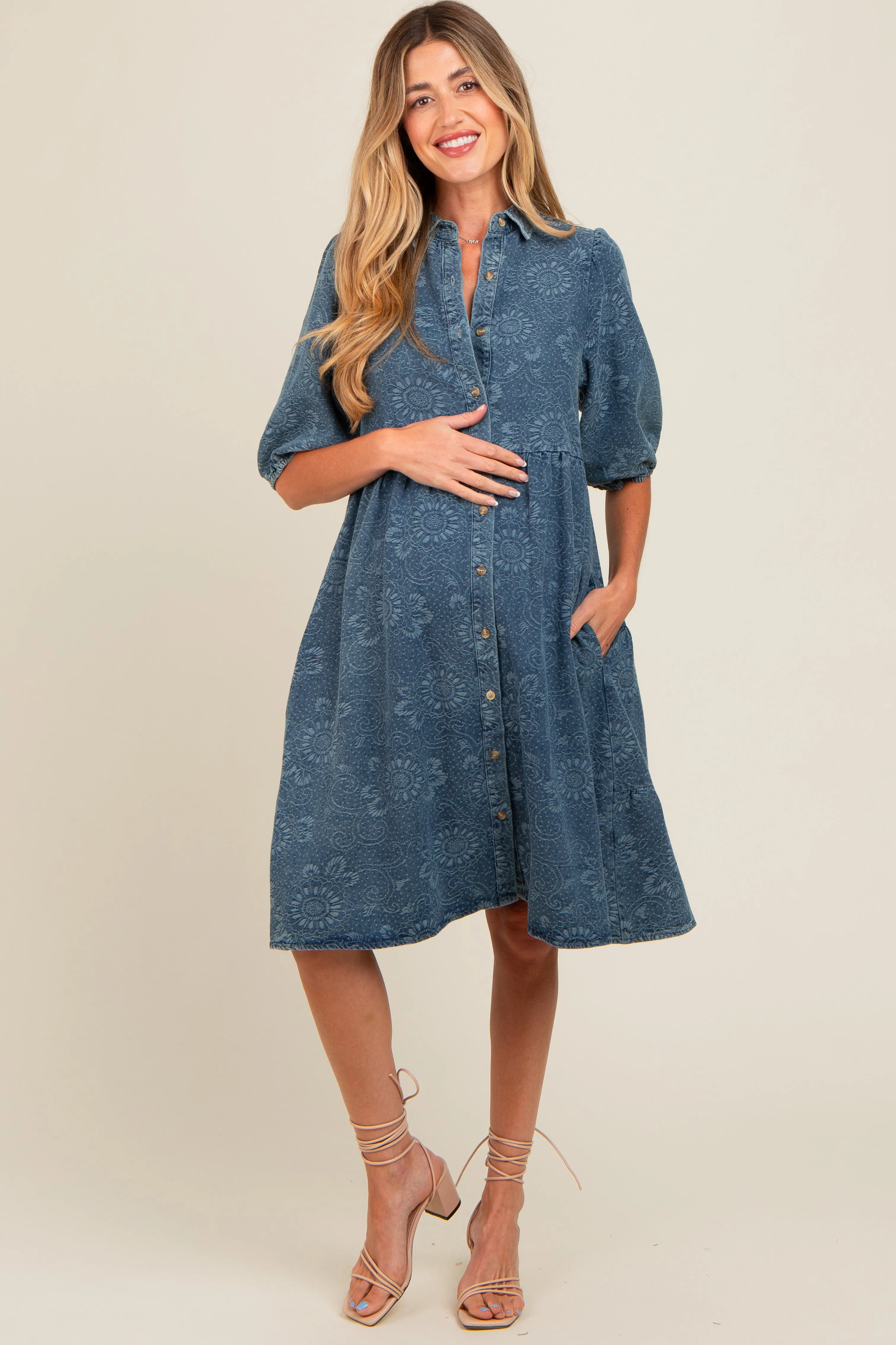 Blue Denim Button Front Short Puff Sleeve Maternity Dress sold by Pinkblush