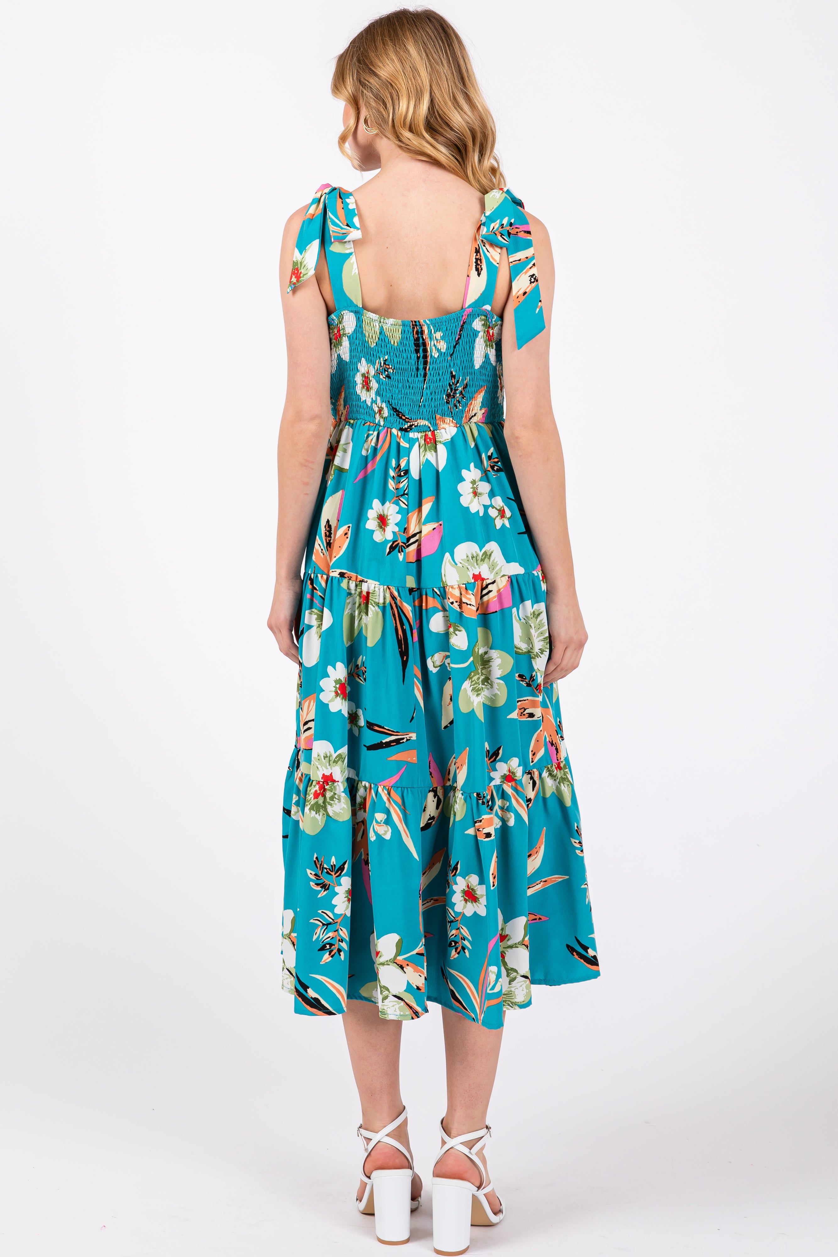 Turquoise Sleeveless Floral Tiered Midi Dress sold by Pinkblush product image thumbnail 4