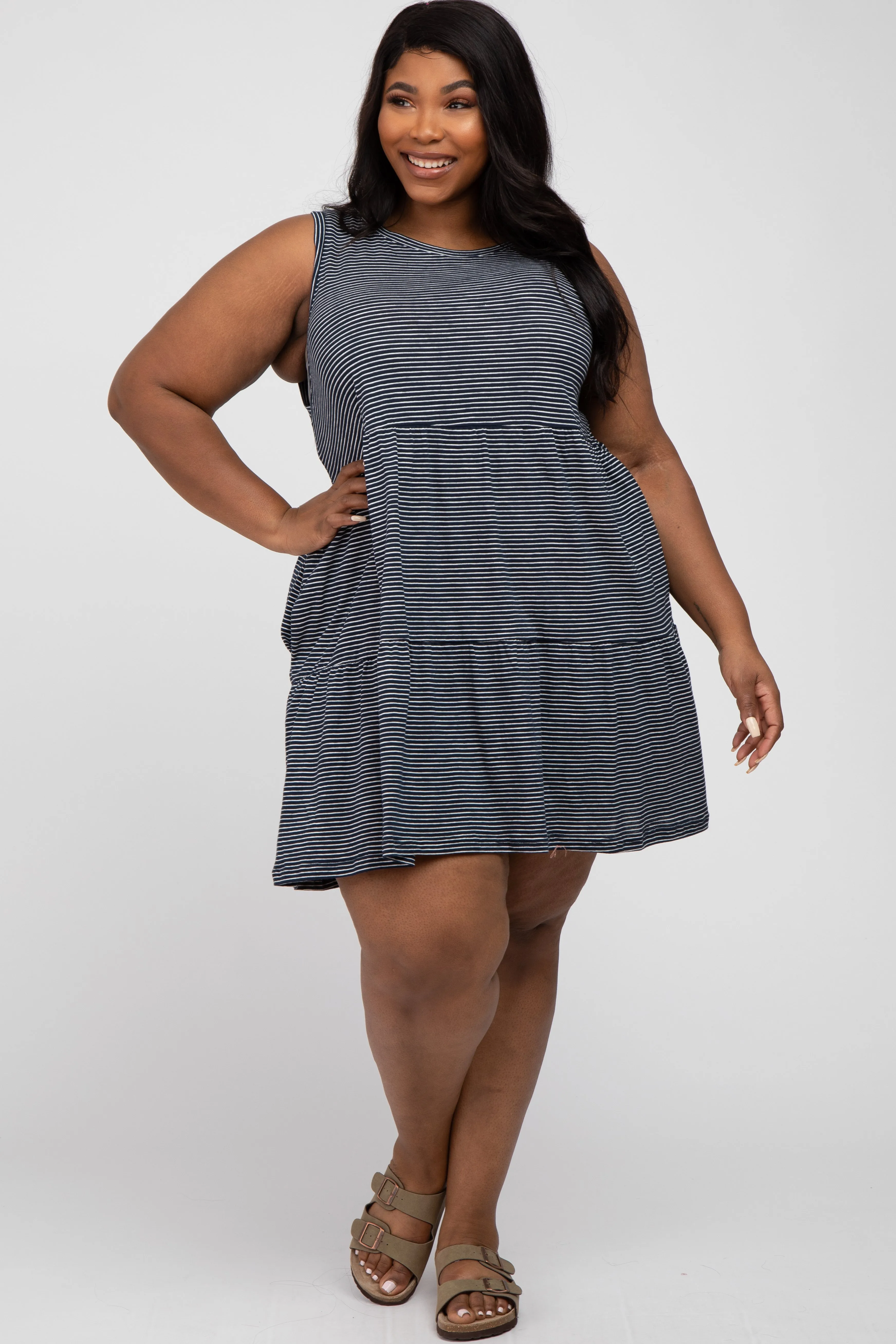 Navy Blue Striped Sleeveless Tiered Plus Dress sold by Pinkblush product image thumbnail 5