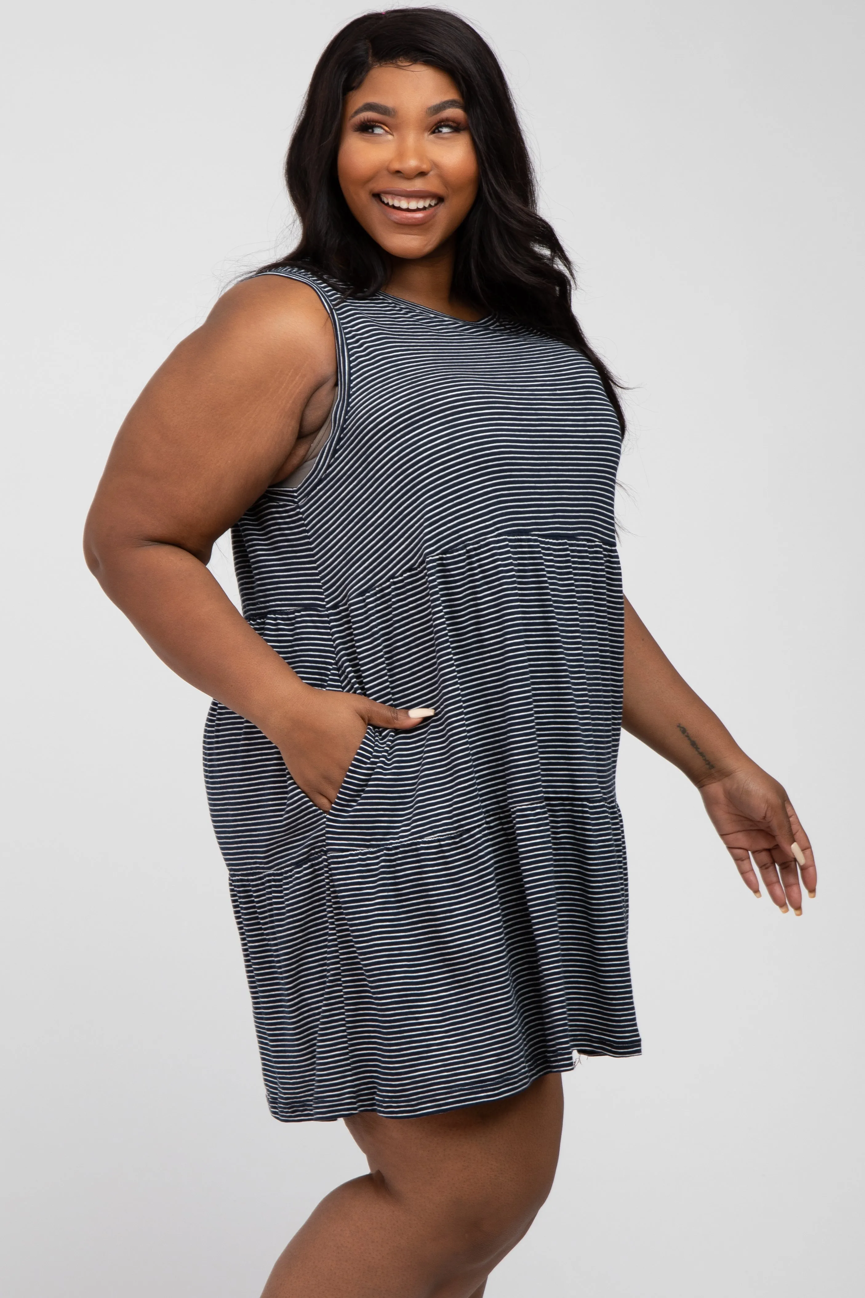 Navy Blue Striped Sleeveless Tiered Plus Dress sold by Pinkblush product image thumbnail 2