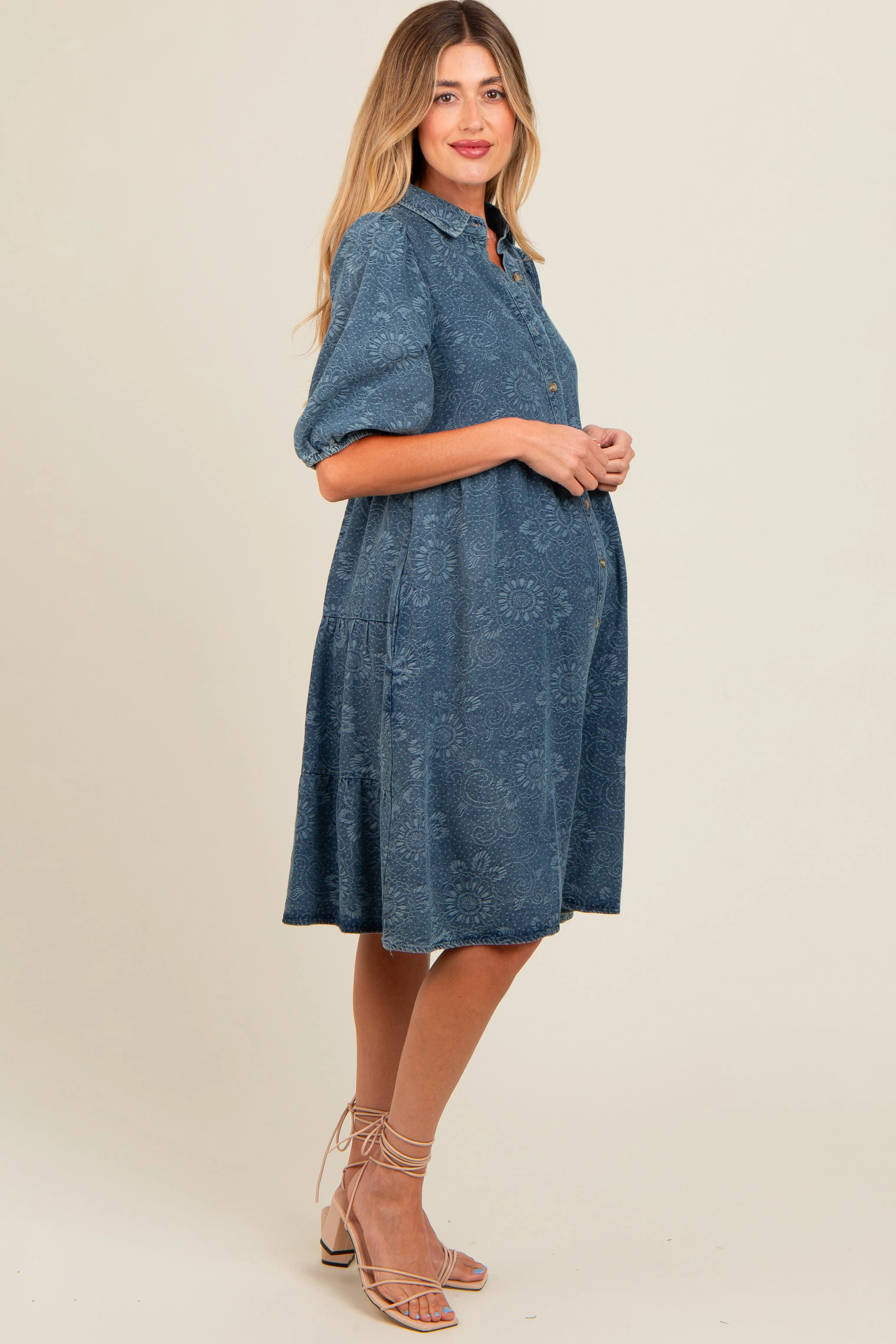 Blue Denim Button Front Short Puff Sleeve Maternity Dress sold by Pinkblush product image thumbnail 2