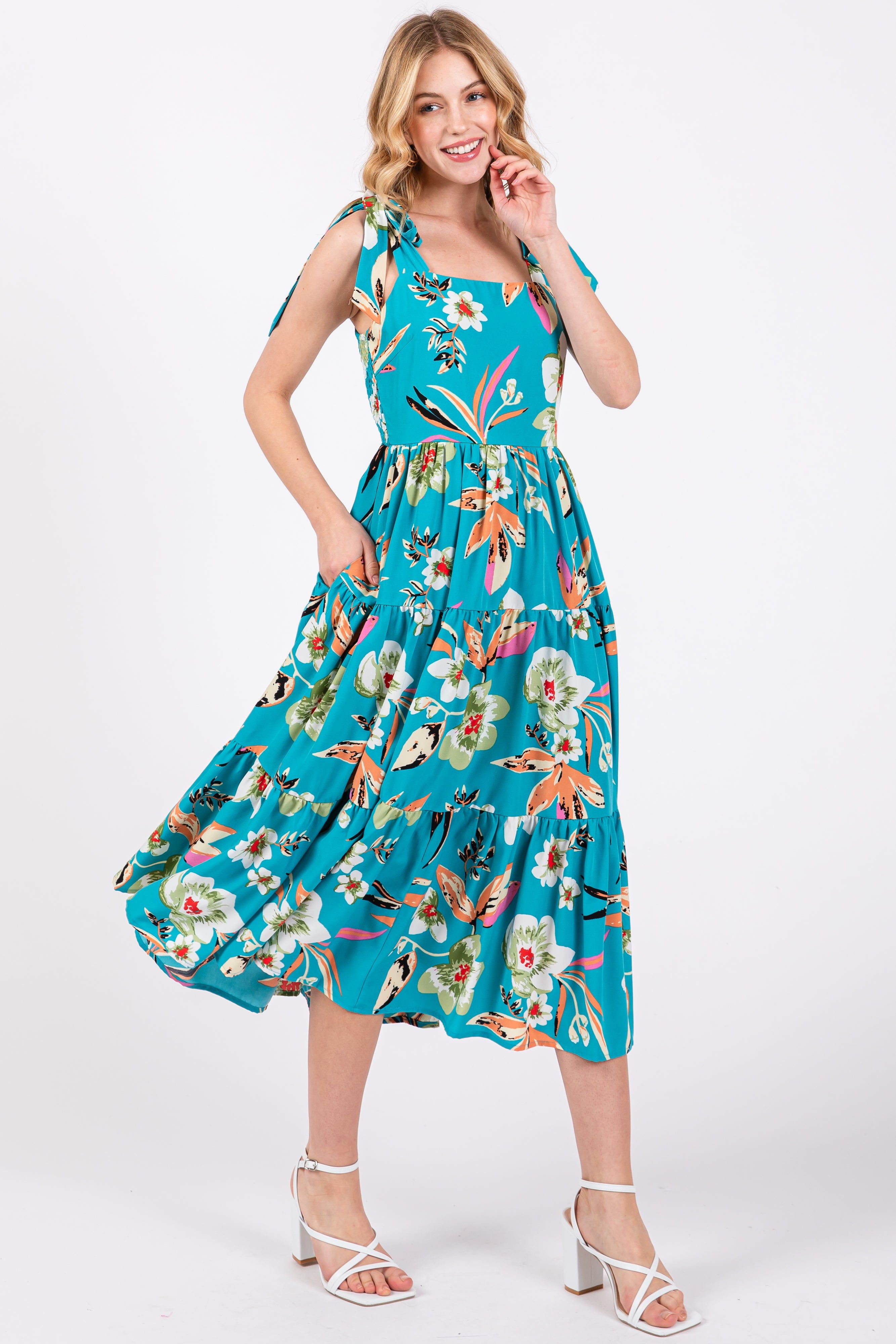 Turquoise Sleeveless Floral Tiered Midi Dress sold by Pinkblush product image thumbnail 2