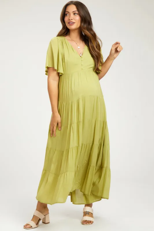 Green Button Detail Tiered Maternity Maxi Dress sold by Pinkblush