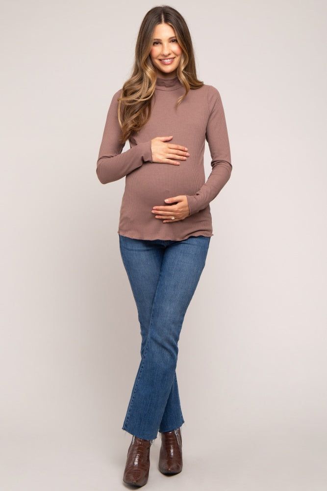 Brown Ribbed Long Sleeve Turtle Neck Maternity Top sold by Pinkblush product image thumbnail 4