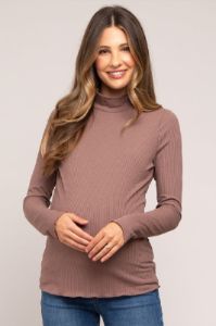 Brown Ribbed Long Sleeve Turtle Neck Maternity Top sold by Pinkblush