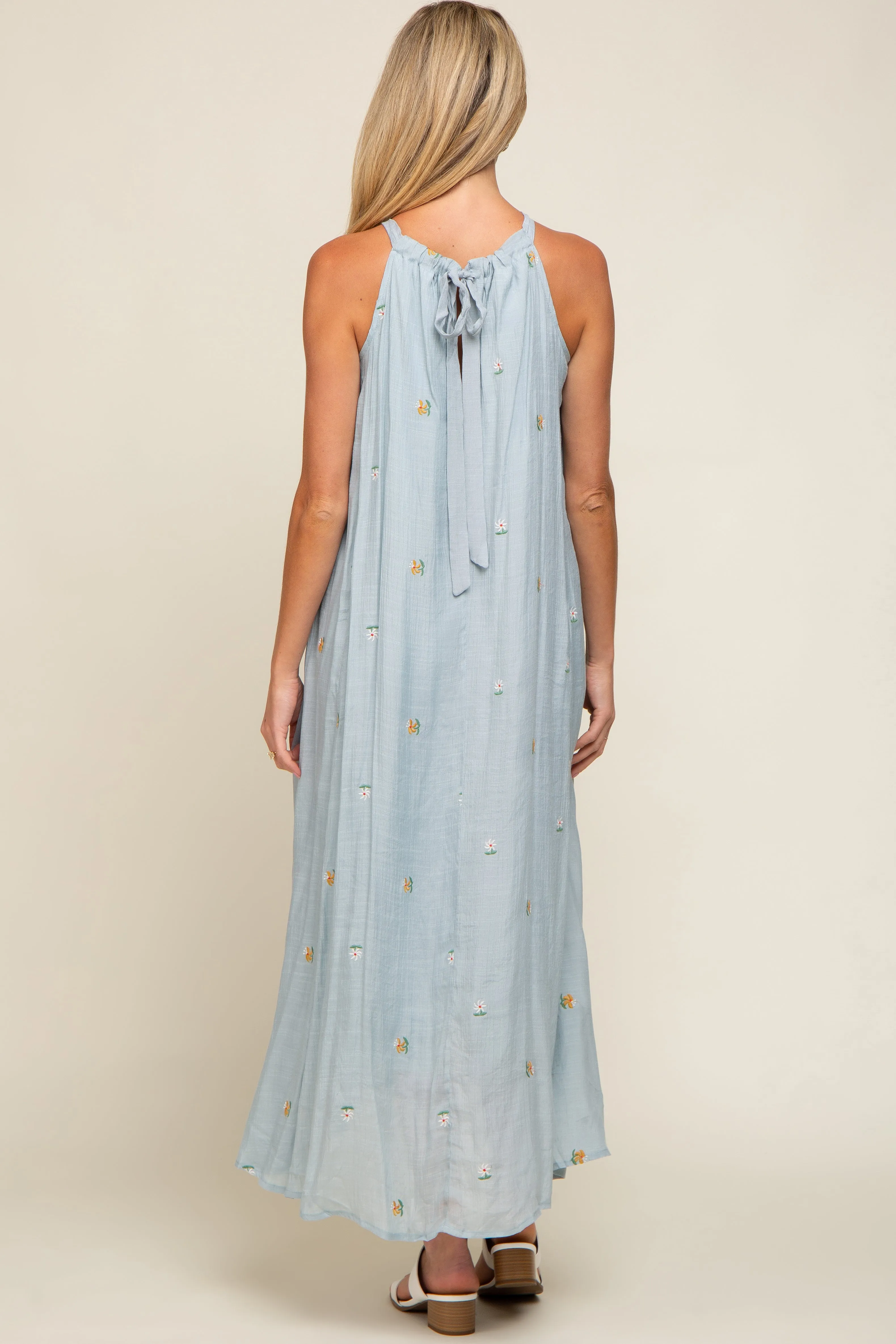 Light Blue Floral Embroidered Smocked Halter Maternity Midi Dress sold by Pinkblush product image thumbnail 4