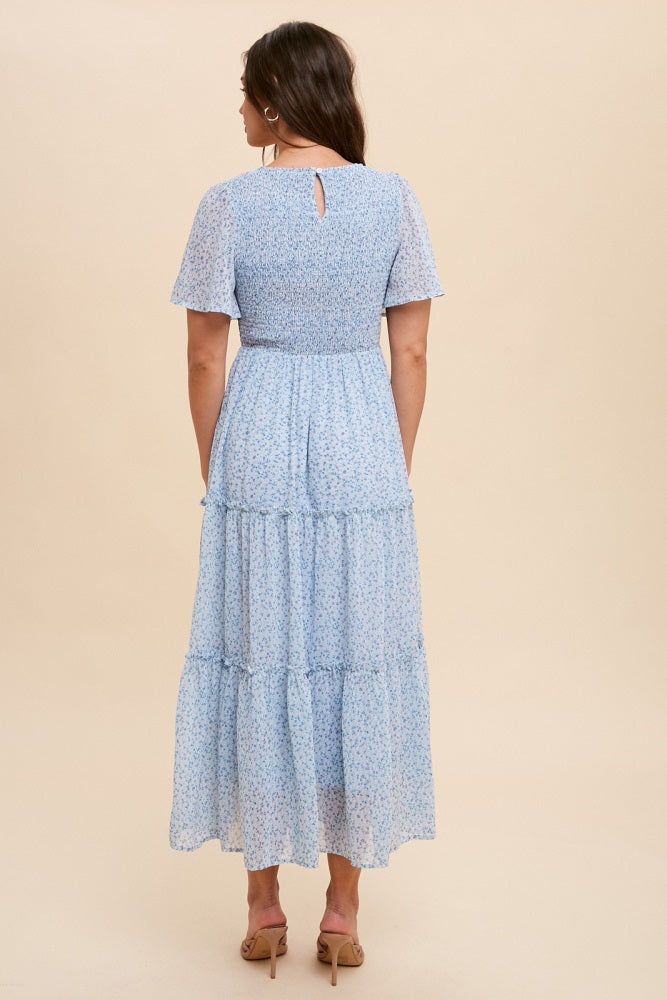 Blue Smocked Floral Chiffon Midi Dress sold by Pinkblush product image thumbnail 3