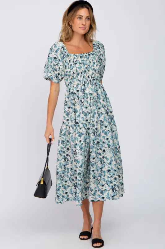 Teal Floral Square Neck Smocked Midi Dress sold by Pinkblush